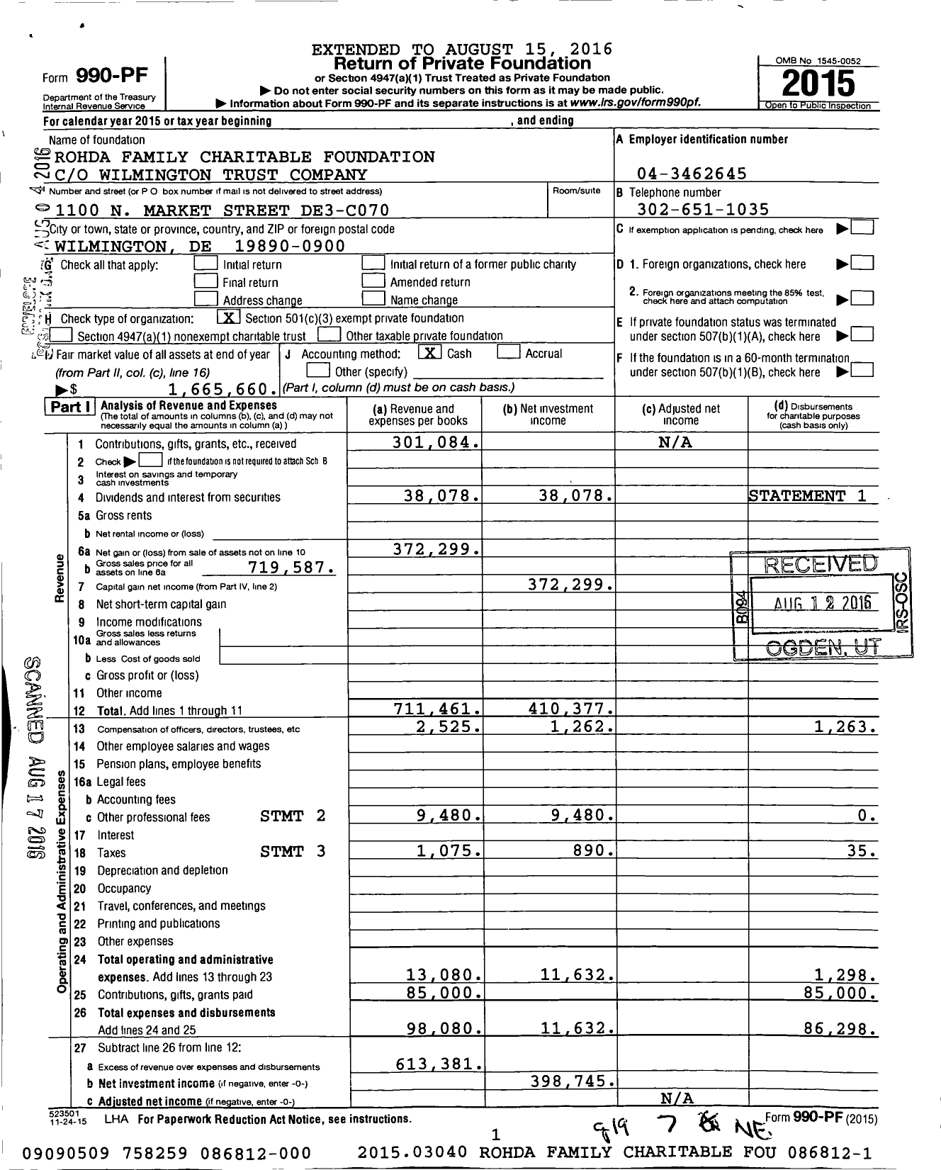 Image of first page of 2015 Form 990PF for Rohda Family Charitable Foundation 086812-000