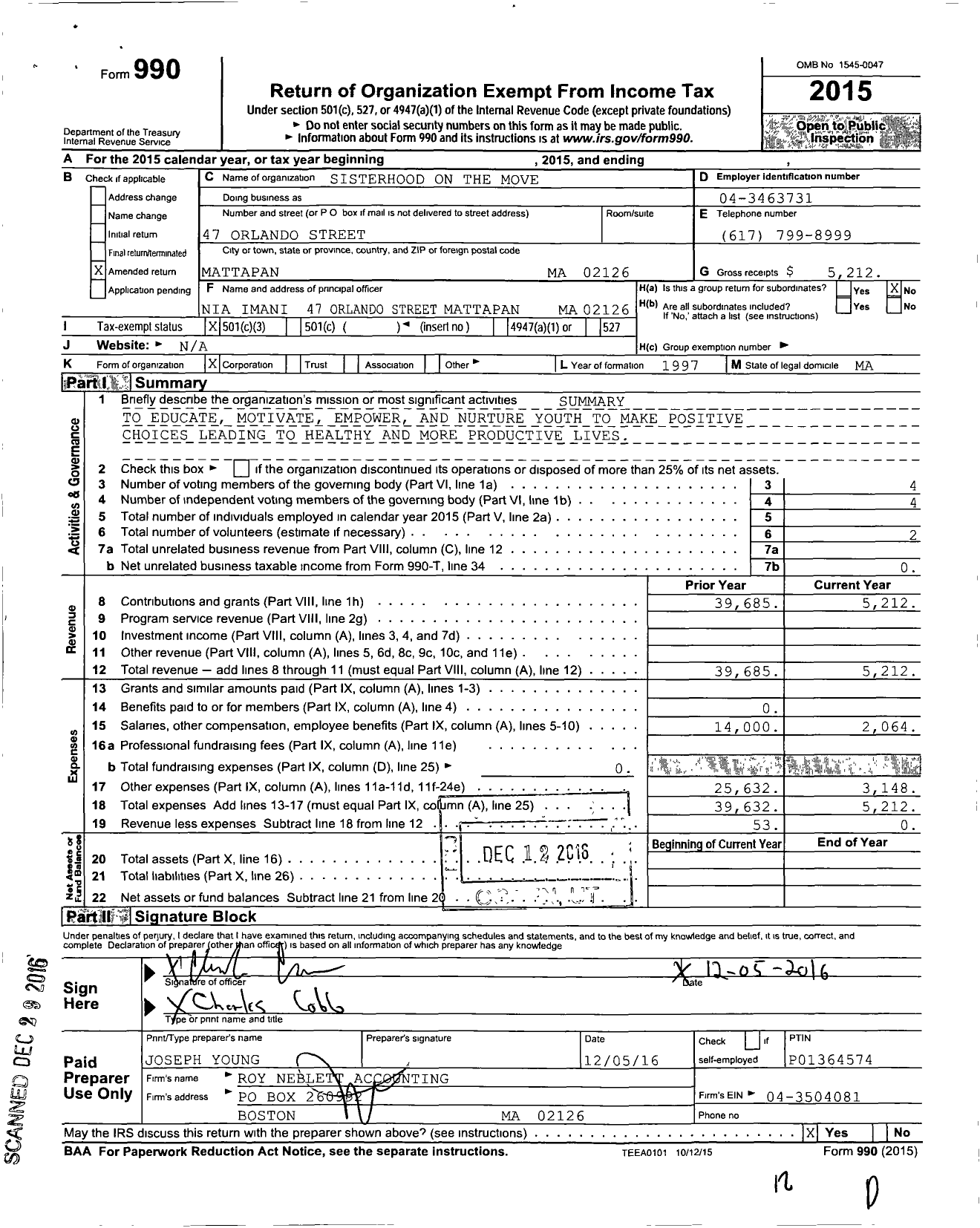 Image of first page of 2015 Form 990 for Sisterhood on the Move