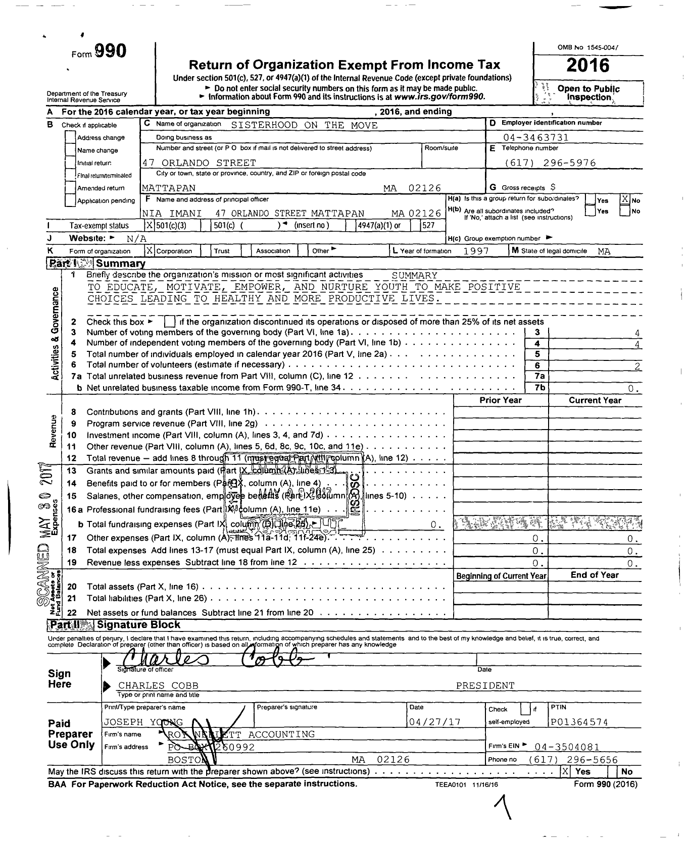 Image of first page of 2016 Form 990 for Sisterhood on the Move