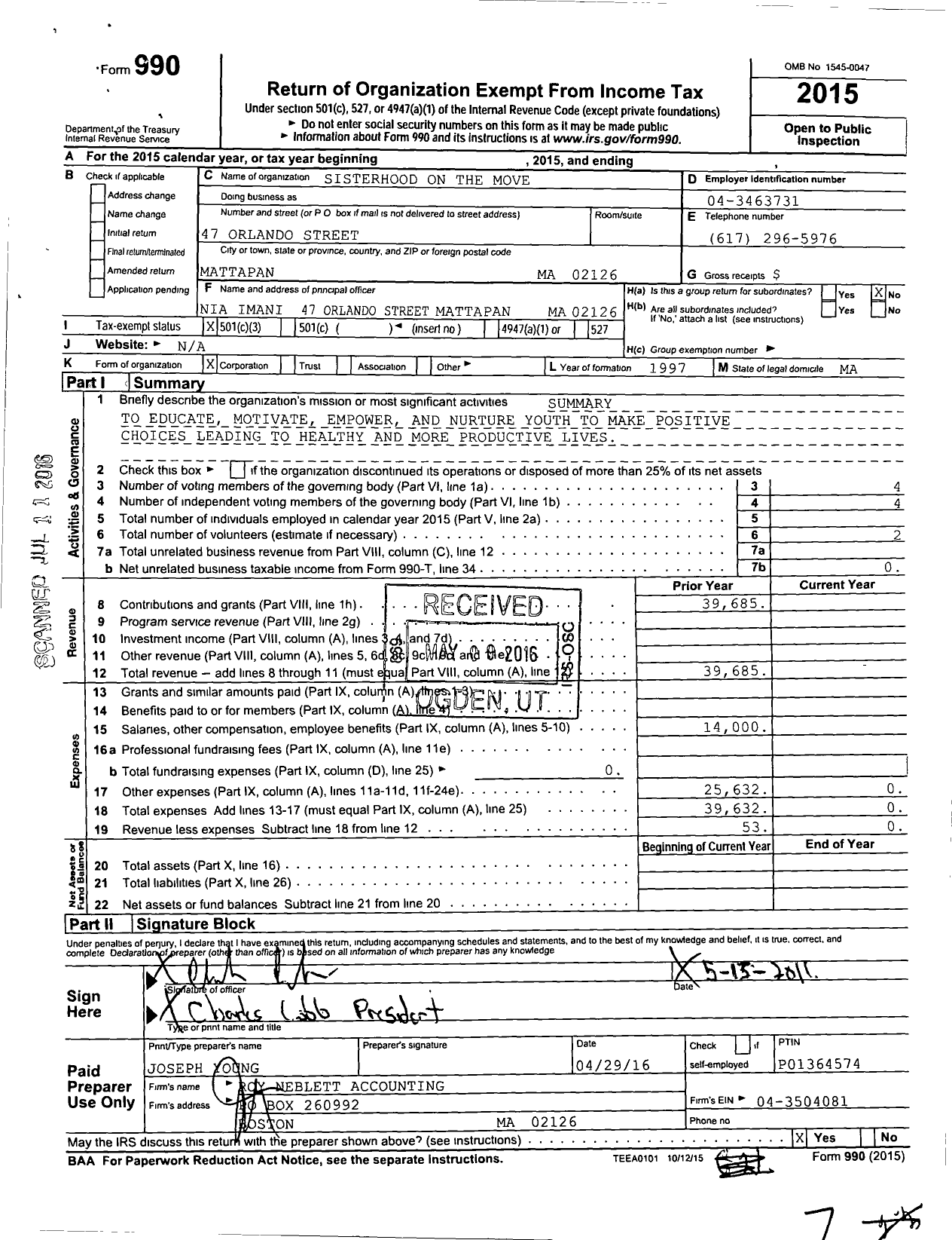 Image of first page of 2015 Form 990 for Sisterhood on the Move