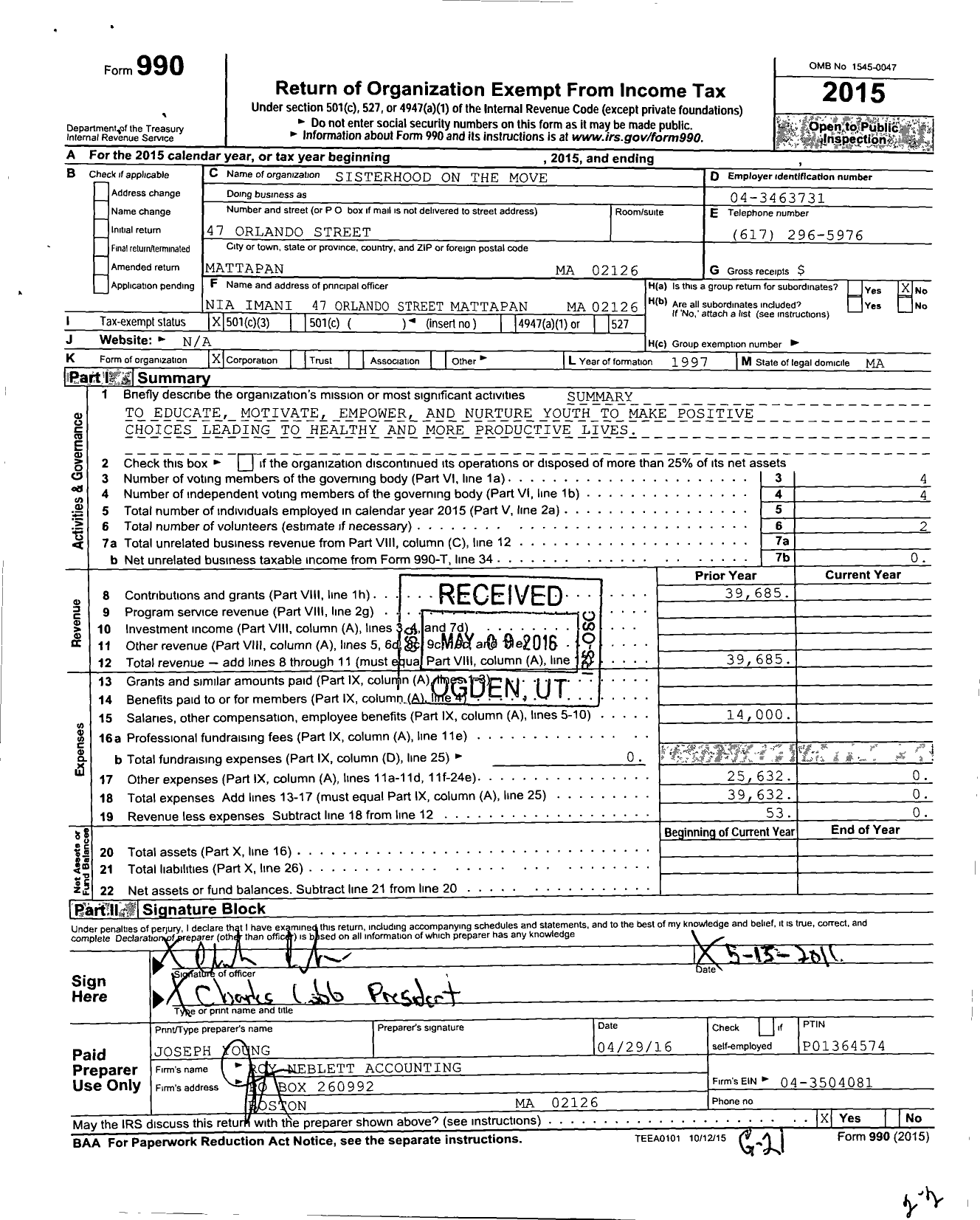 Image of first page of 2015 Form 990 for Sisterhood on the Move