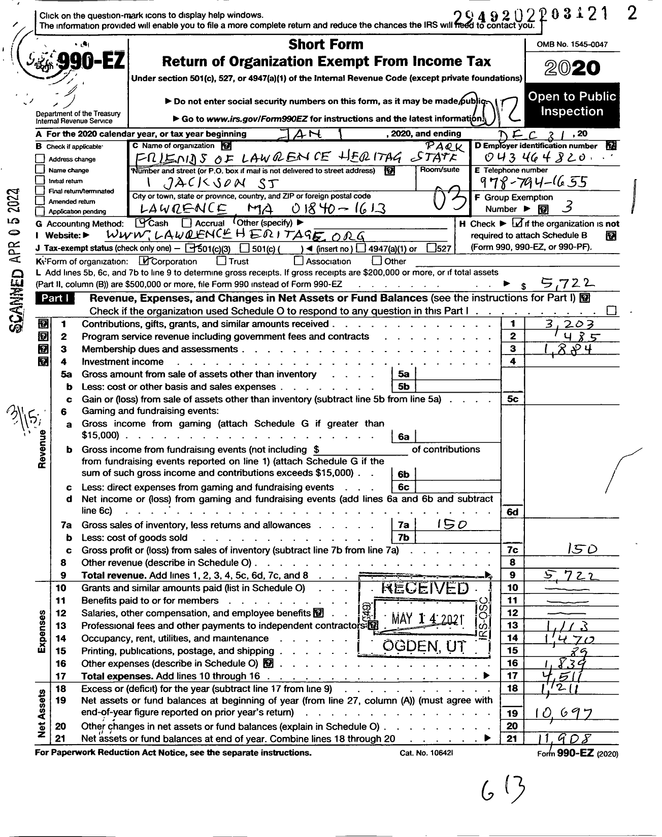 Image of first page of 2020 Form 990EZ for Friends of Lawrence Heritage State Park