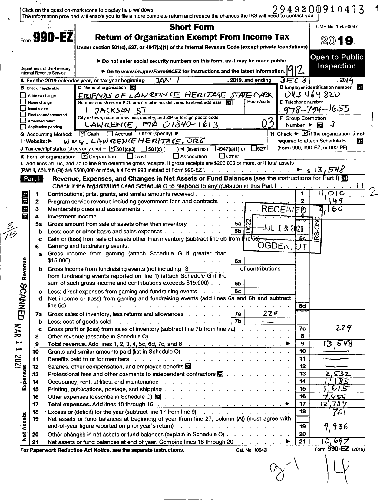 Image of first page of 2019 Form 990EZ for Friends of Lawrence Heritage State Park