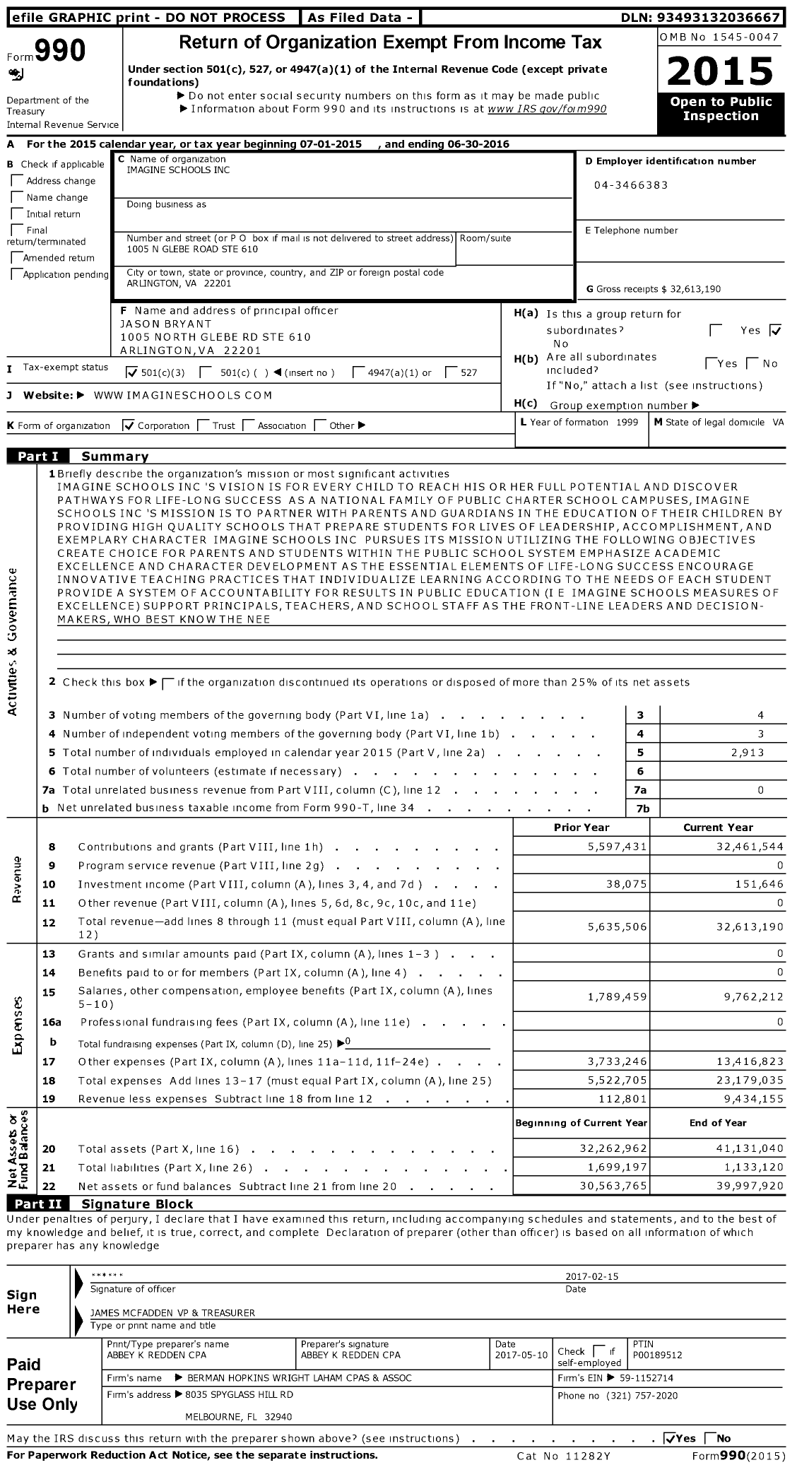 Image of first page of 2015 Form 990 for Imagine Schools