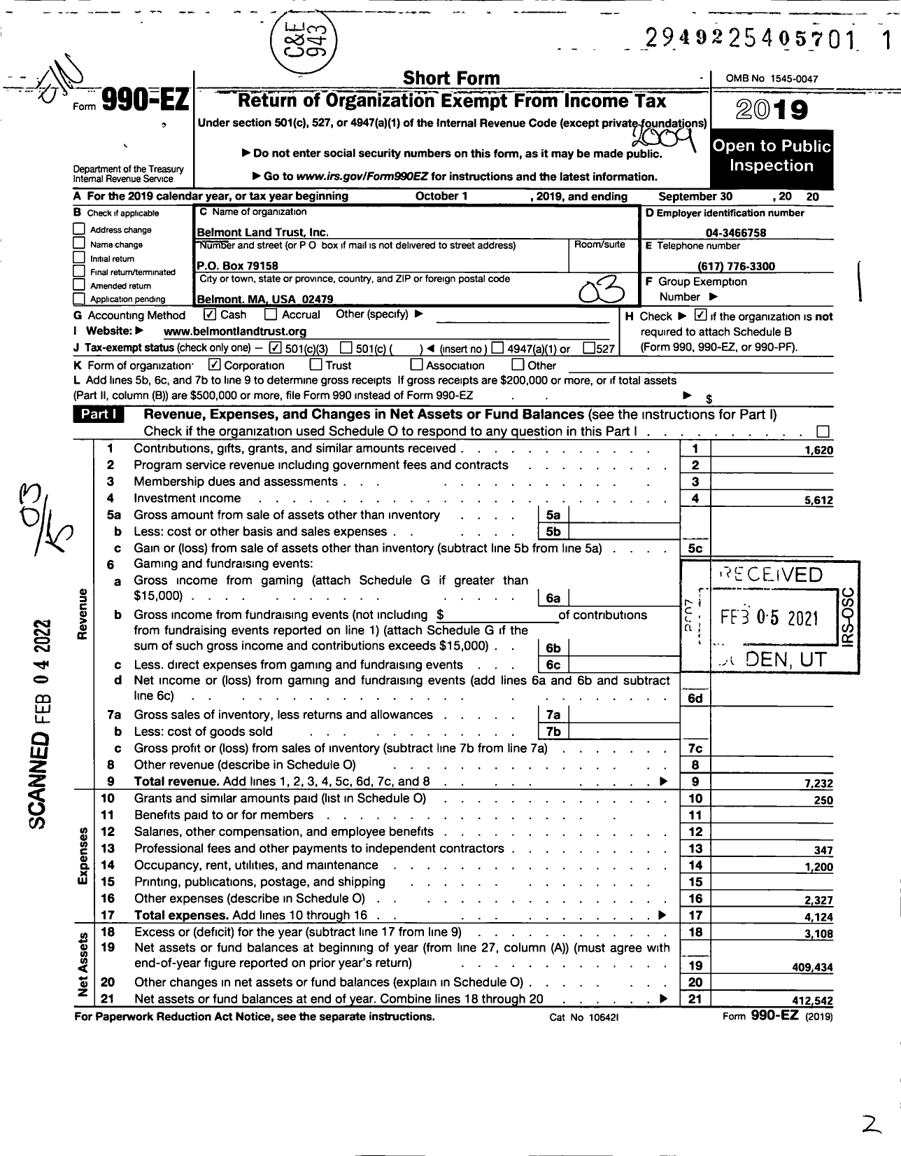 Image of first page of 2019 Form 990EZ for Belmont Land Trust