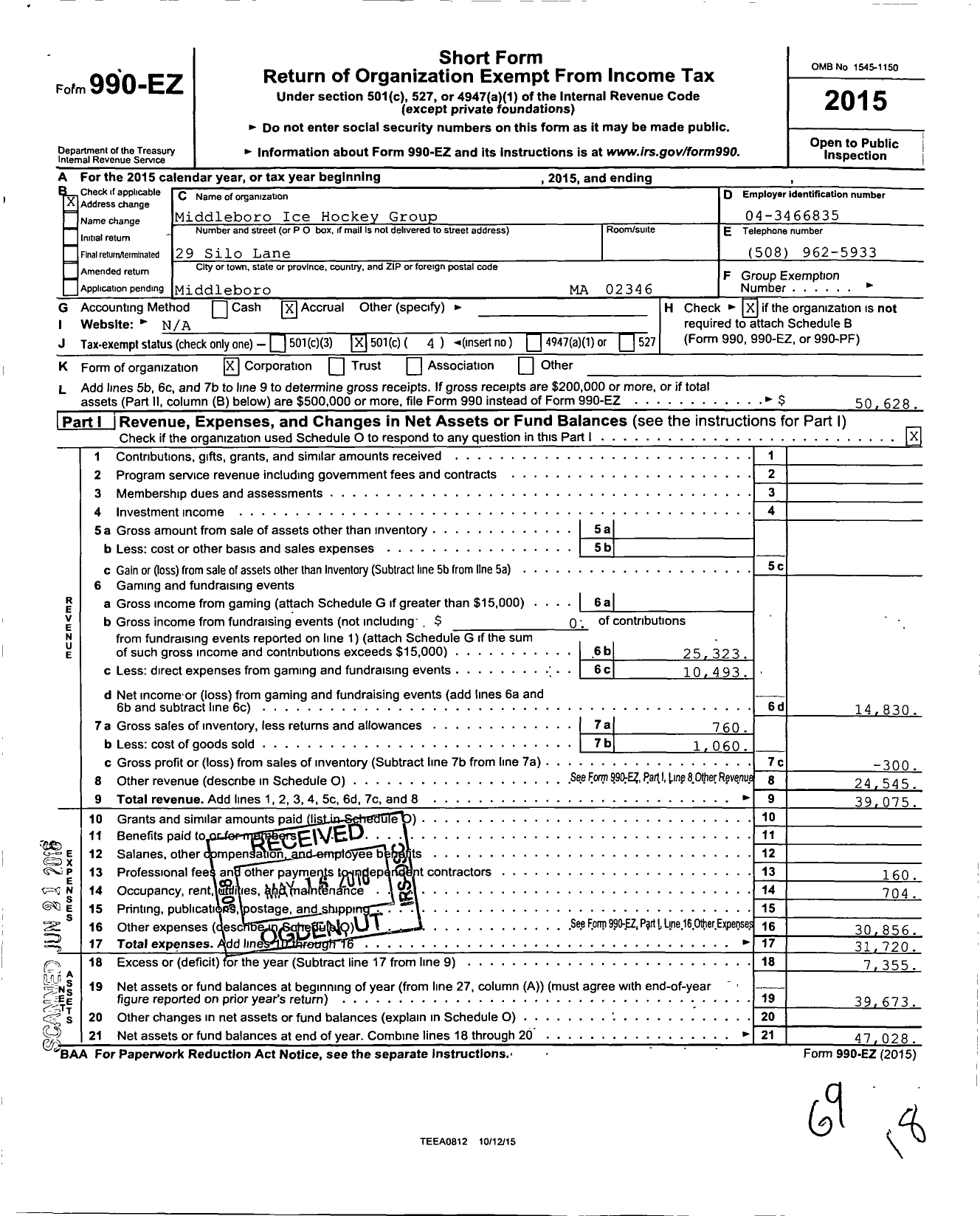 Image of first page of 2015 Form 990EO for Middleboro Ice Hockey Group