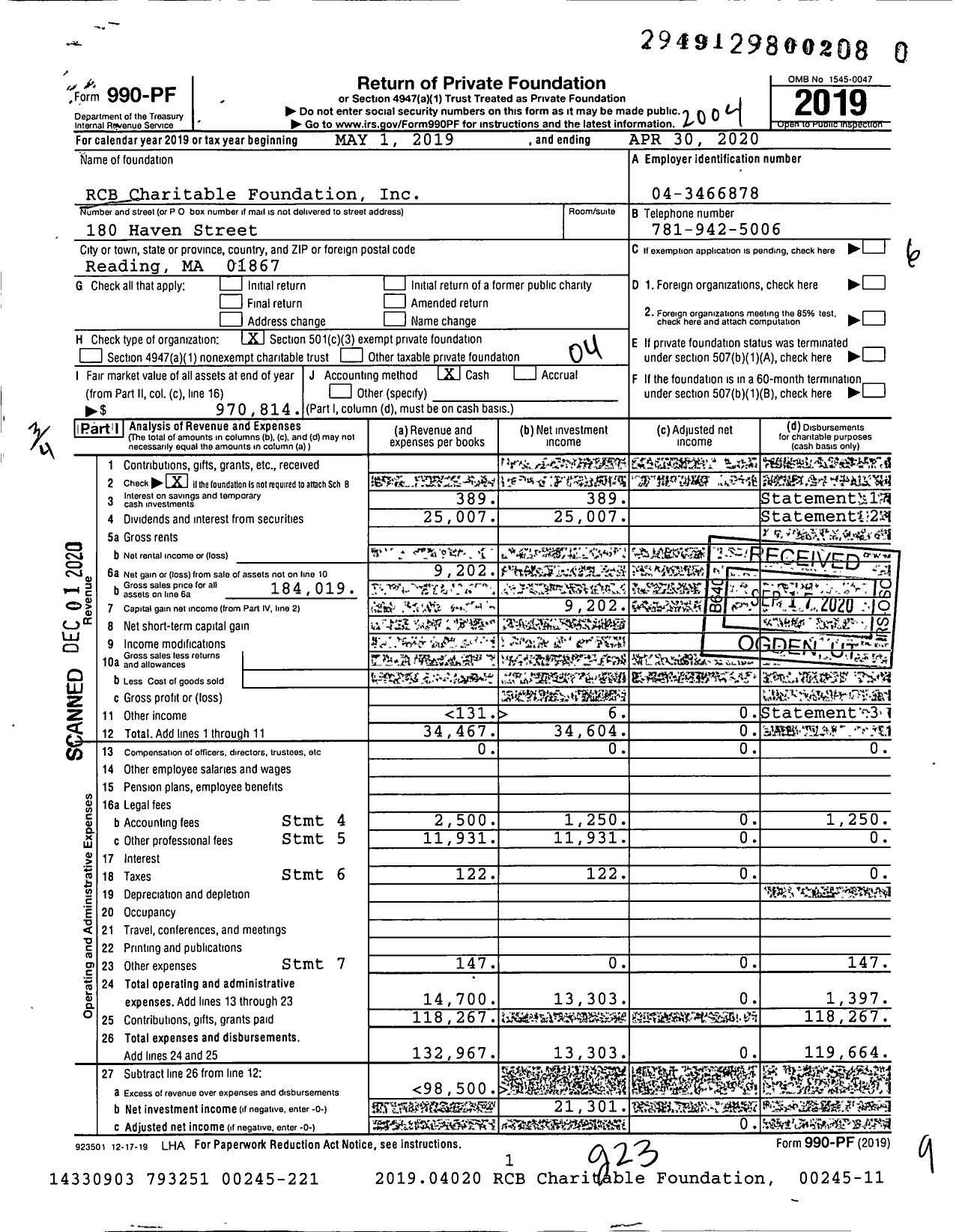 Image of first page of 2019 Form 990PF for RCB Charitable Foundation