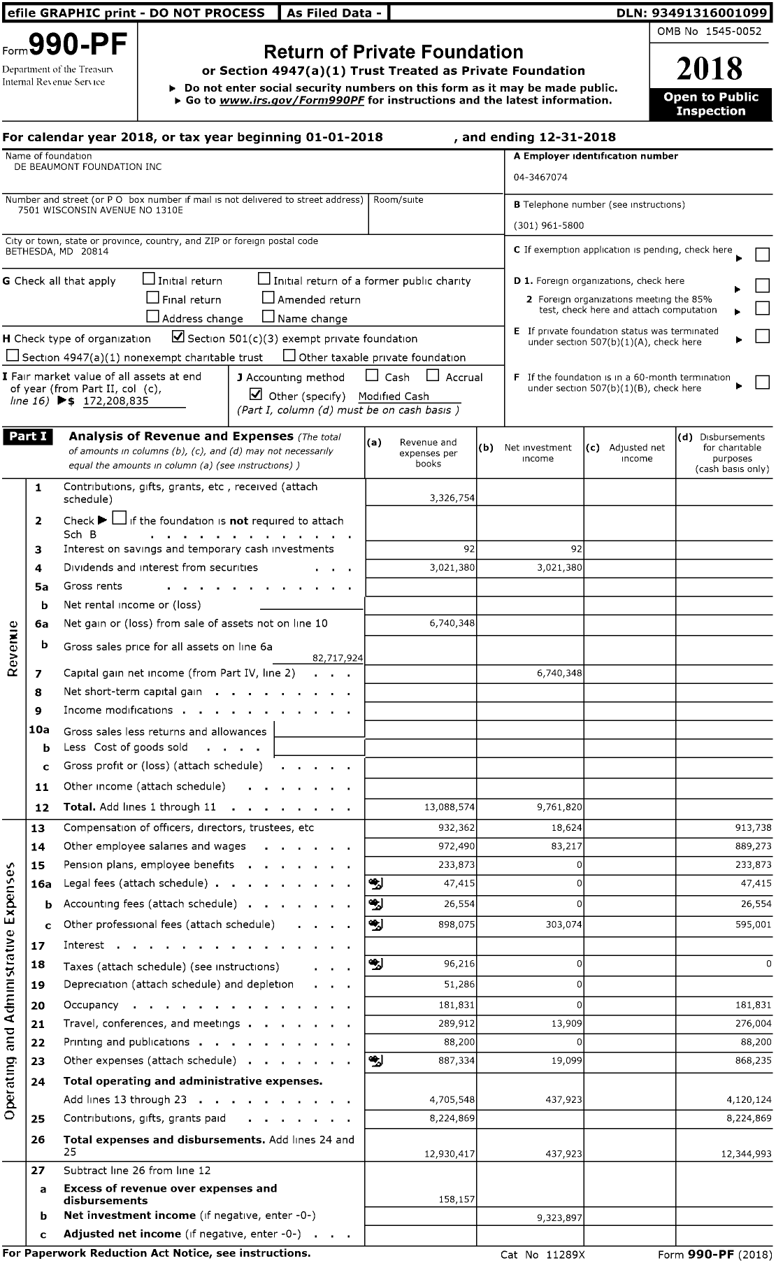 Image of first page of 2018 Form 990PF for De Beaumont Foundation