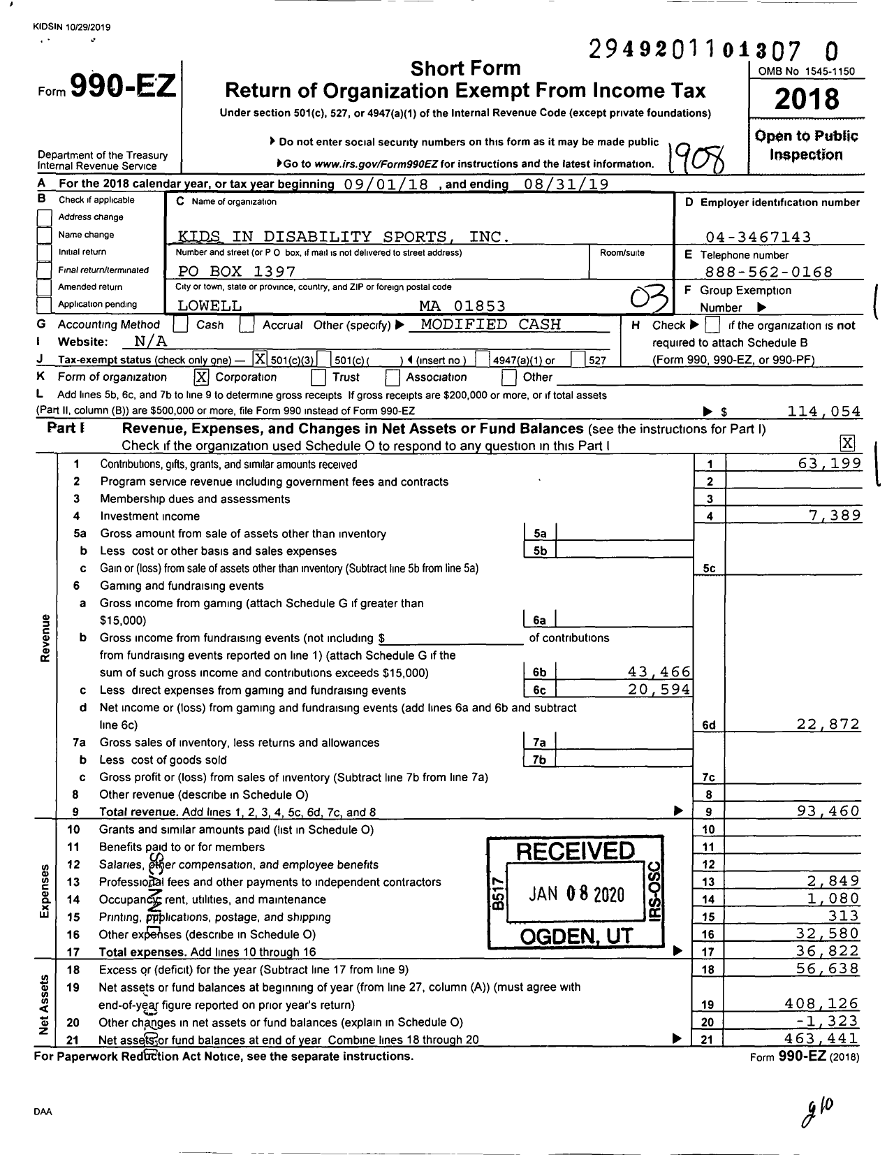 Image of first page of 2018 Form 990EZ for Kids in Disability Sports