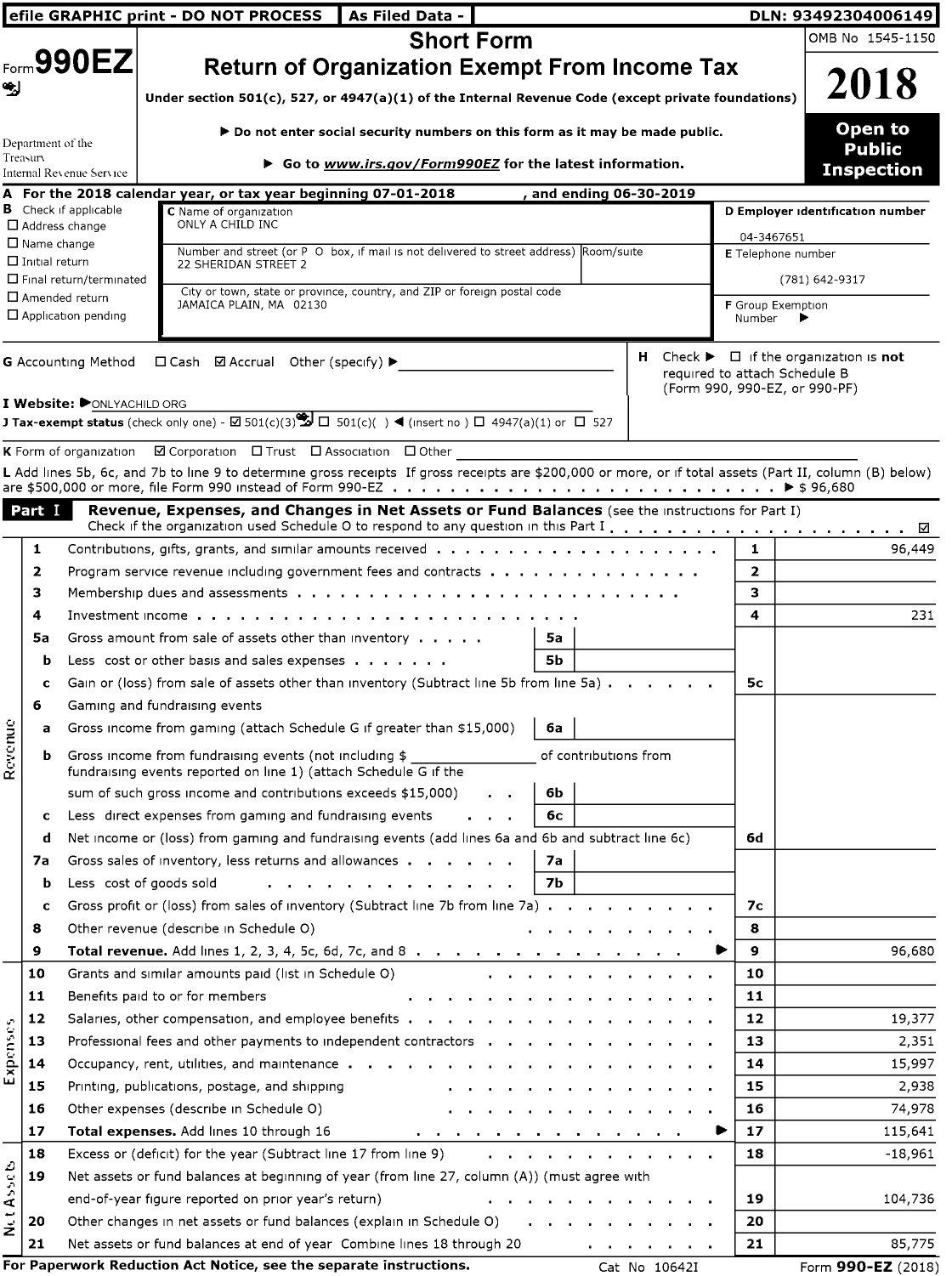 Image of first page of 2018 Form 990EZ for Only A Child