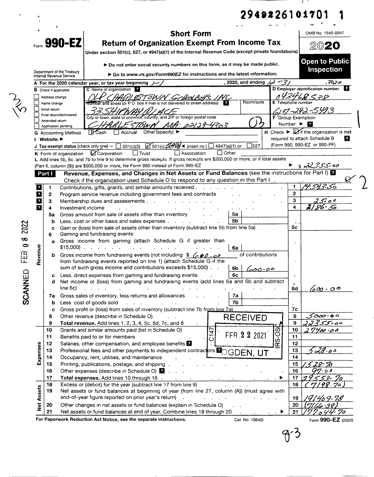 Image of first page of 2020 Form 990EZ for Old Charlestown Schoolboys Association