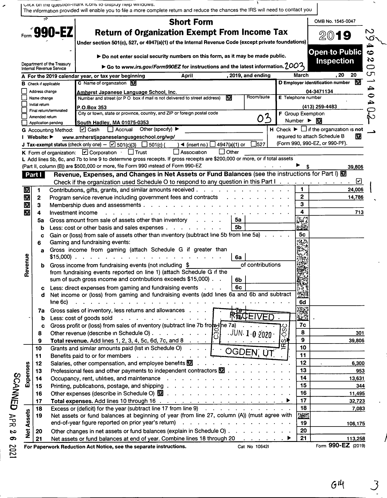 Image of first page of 2019 Form 990EZ for Amherst Japanese Language School