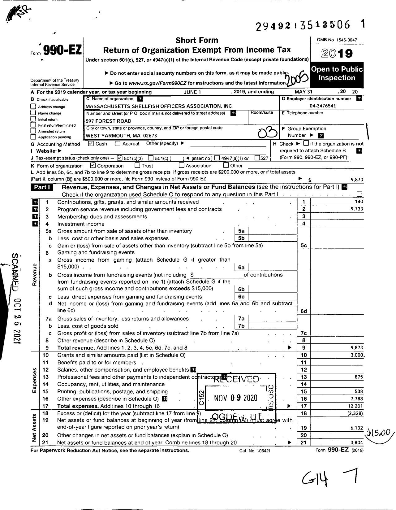 Image of first page of 2019 Form 990EZ for Massachusetts Shellfish Officers Association