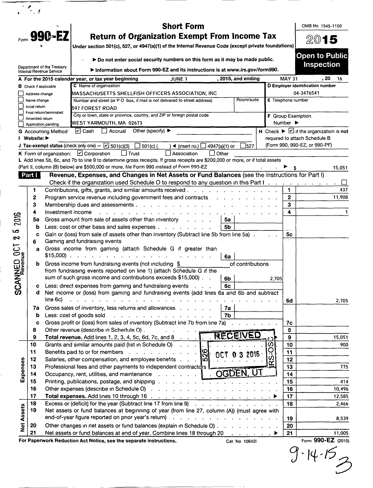 Image of first page of 2015 Form 990EZ for Massachusetts Shellfish Officers Association