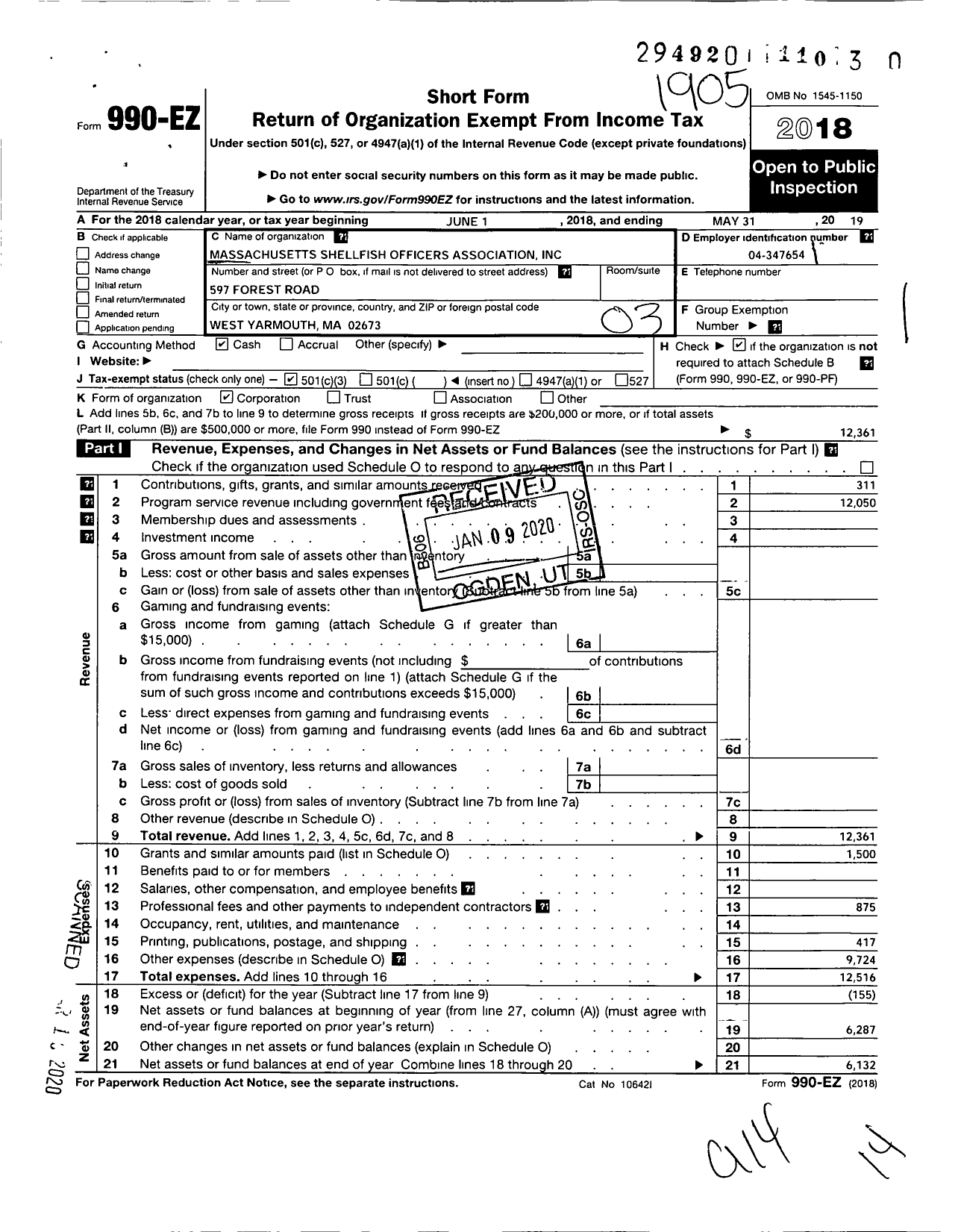 Image of first page of 2018 Form 990EZ for Massachusetts Shellfish Officers Association