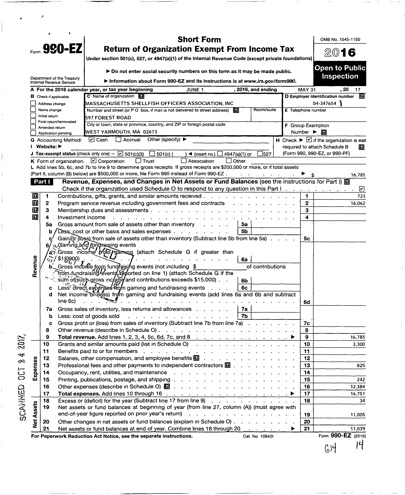 Image of first page of 2016 Form 990EZ for Massachusetts Shellfish Officers Association