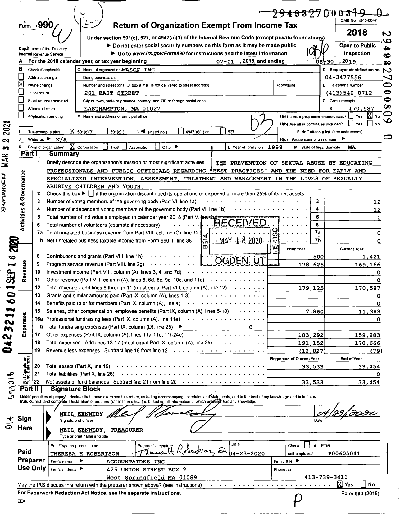 Image of first page of 2018 Form 990 for Massachusetts Adolescent Sexual Offender Coalition (MASOC)