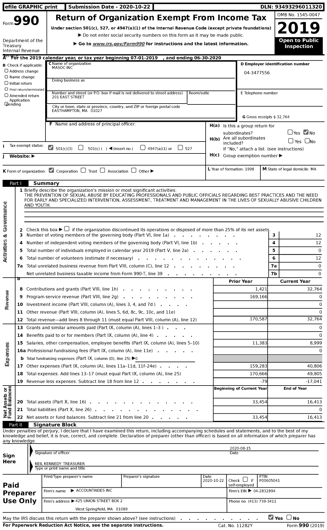 Image of first page of 2019 Form 990 for Massachusetts Adolescent Sexual Offender Coalition (MASOC)