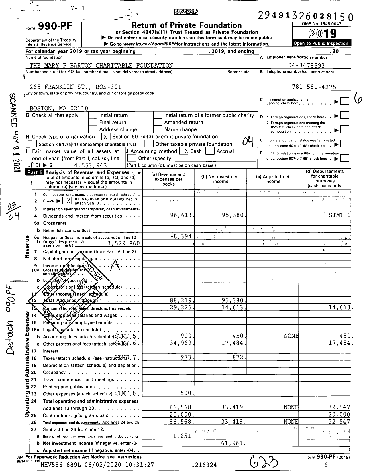 Image of first page of 2019 Form 990PF for The Mary P Barton Charitable Foundation