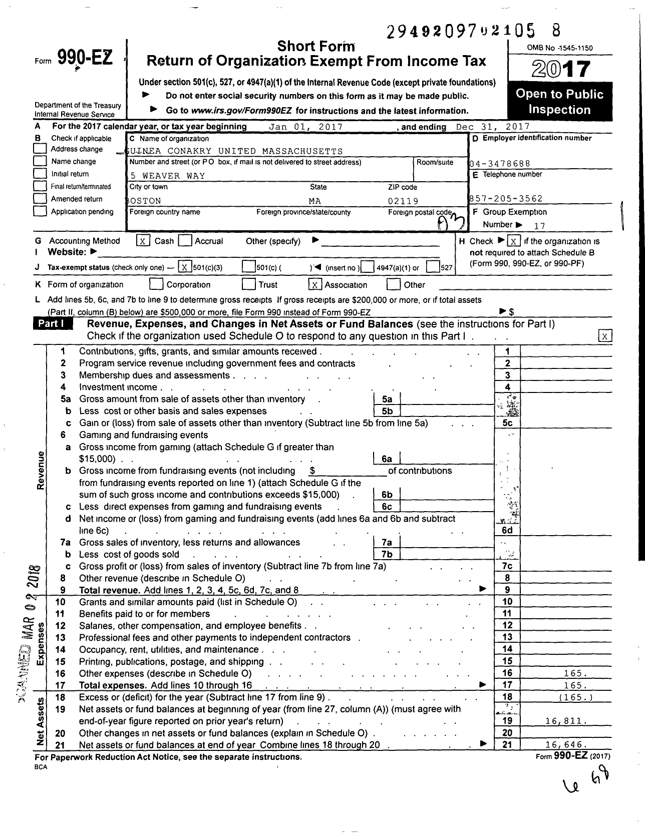 Image of first page of 2017 Form 990EZ for Guinea Conakry United Massachusetts