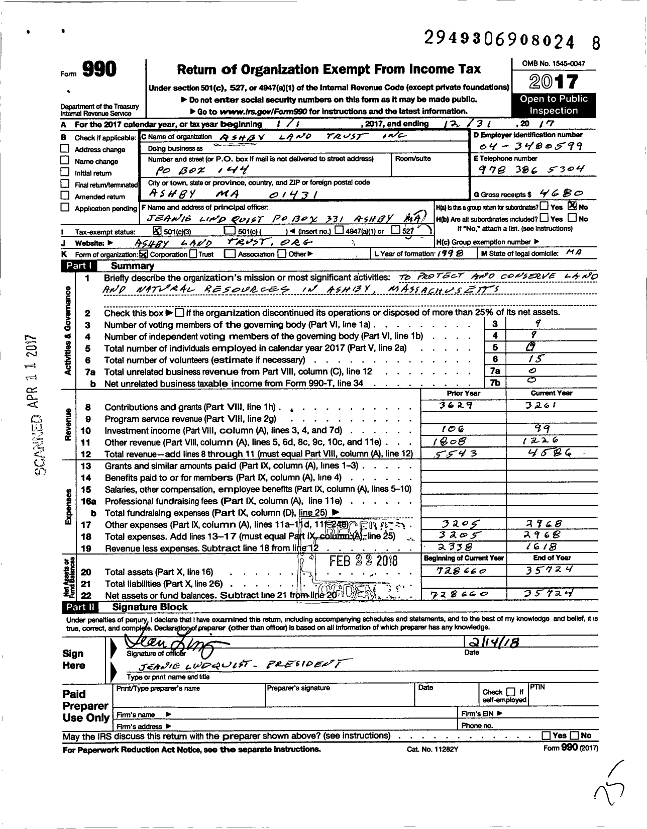 Image of first page of 2017 Form 990 for Ashby Land Trust