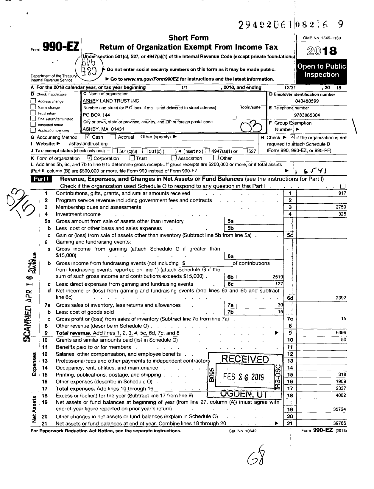 Image of first page of 2018 Form 990EZ for Ashby Land Trust