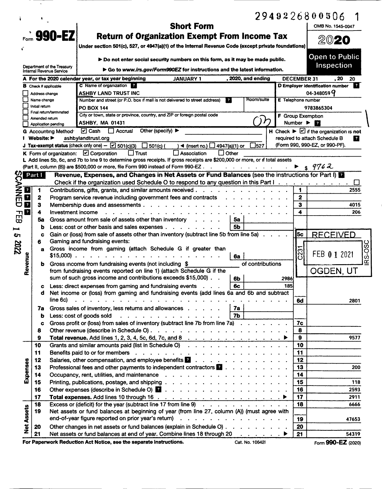 Image of first page of 2020 Form 990EZ for Ashby Land Trust