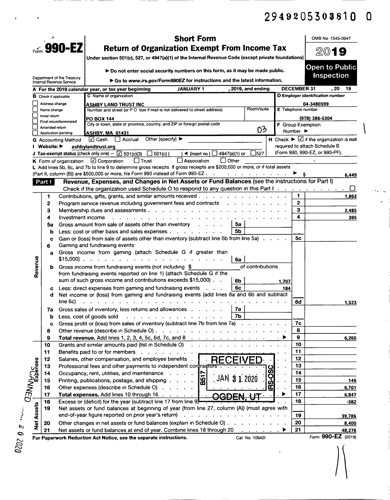 Image of first page of 2019 Form 990EZ for Ashby Land Trust