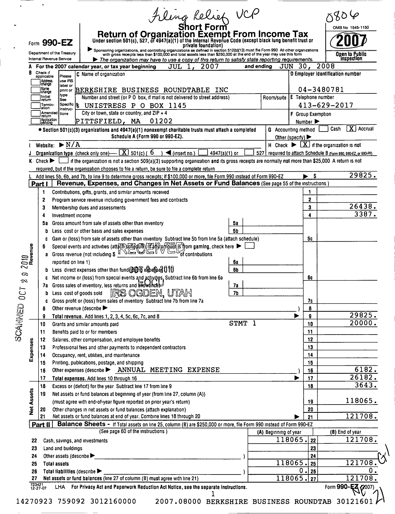 Image of first page of 2007 Form 990EO for Berkshire Business Roundtable