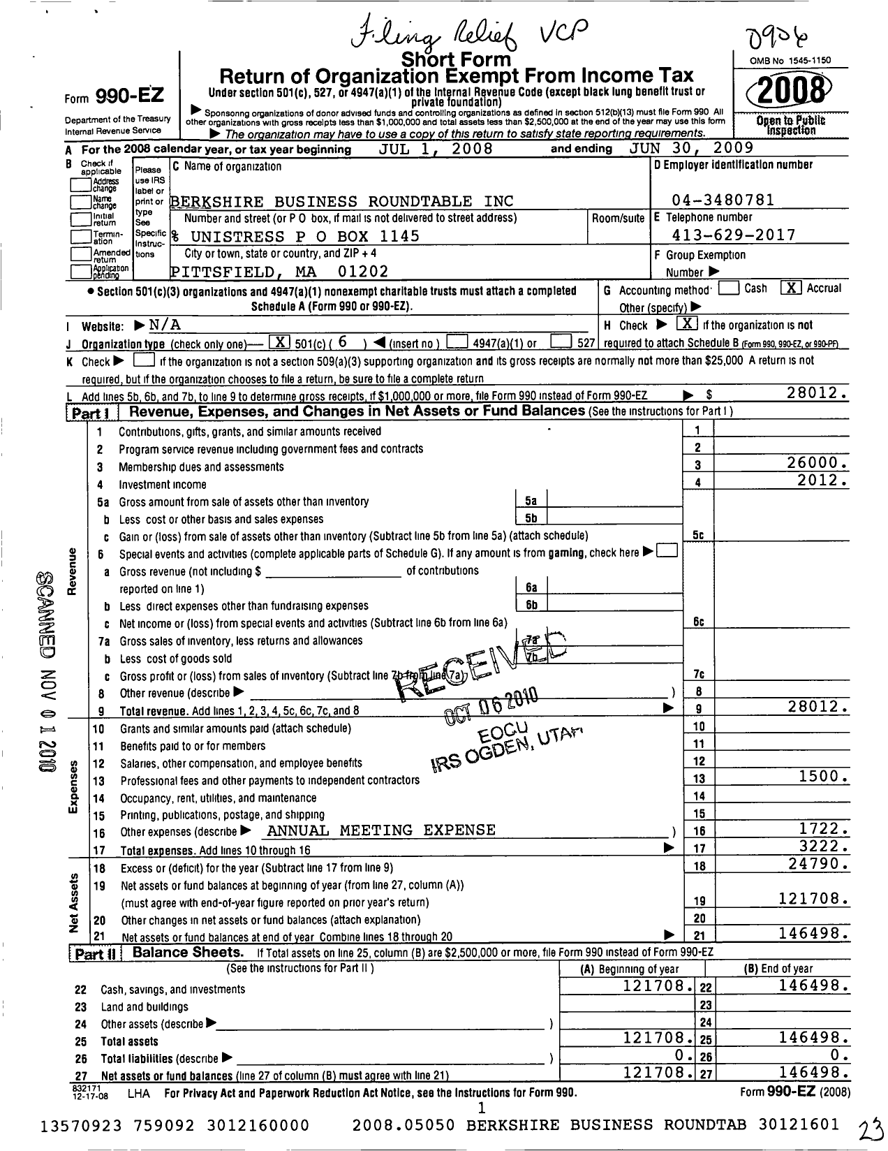 Image of first page of 2008 Form 990EO for Berkshire Business Roundtable