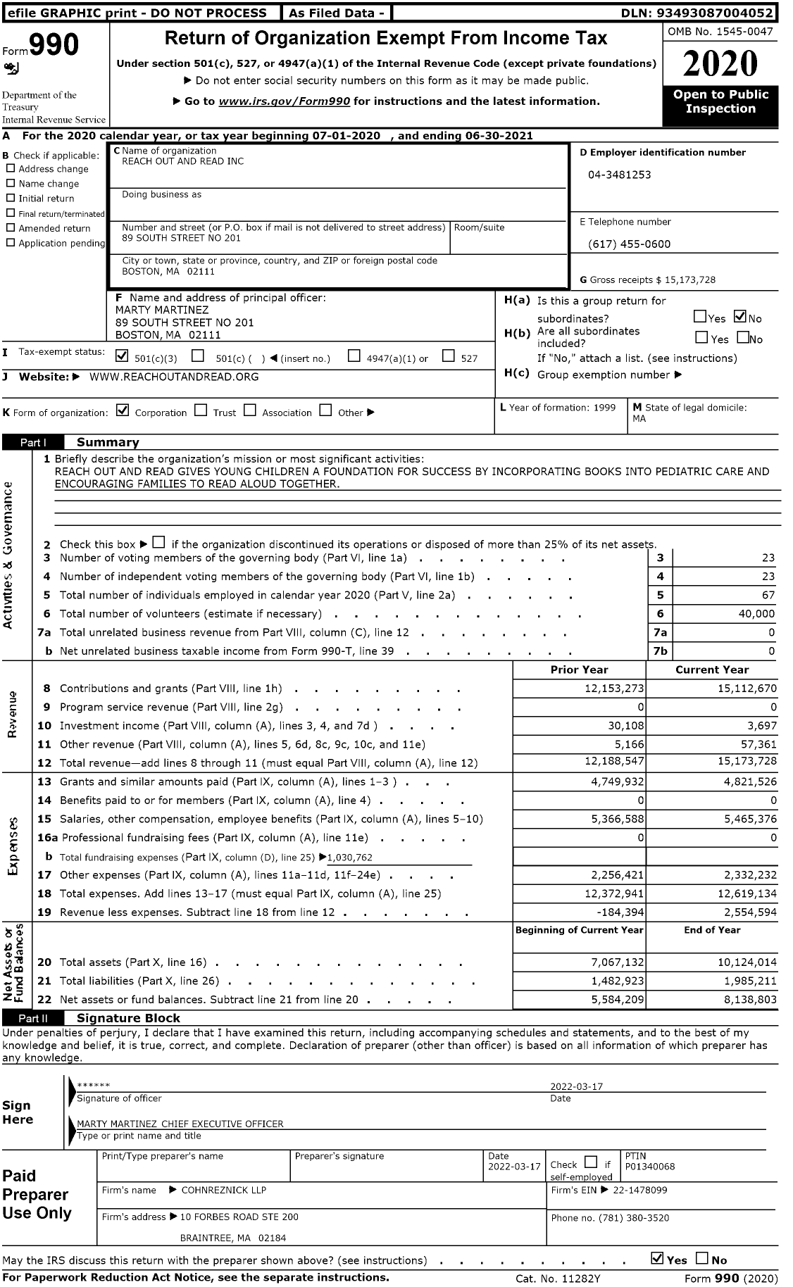 Image of first page of 2020 Form 990 for Reach Out and Read