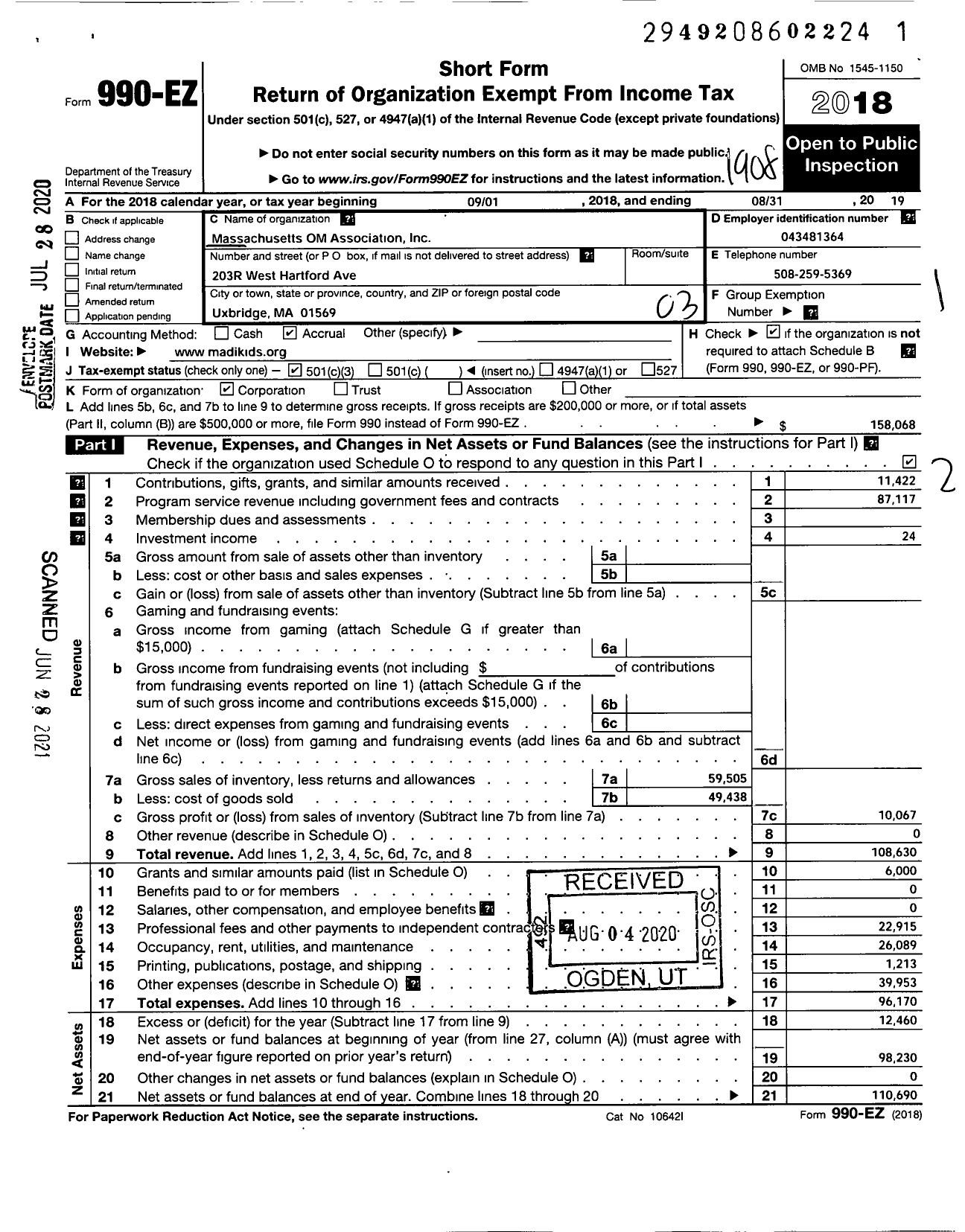 Image of first page of 2018 Form 990EZ for Massachusetts Om Association