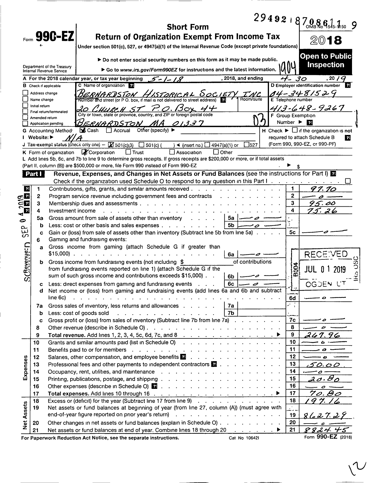 Image of first page of 2018 Form 990EZ for The Bernardston Historical Society