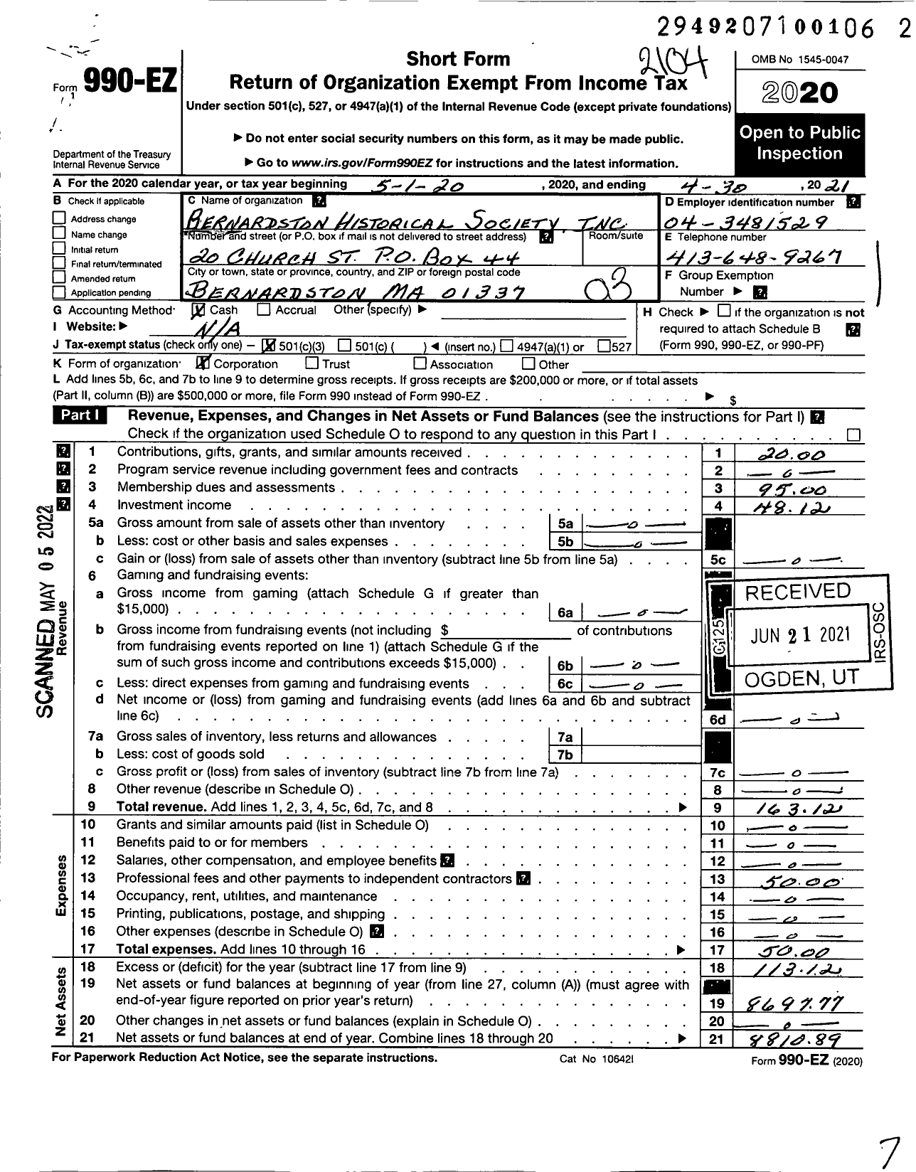 Image of first page of 2020 Form 990EZ for The Bernardston Historical Society