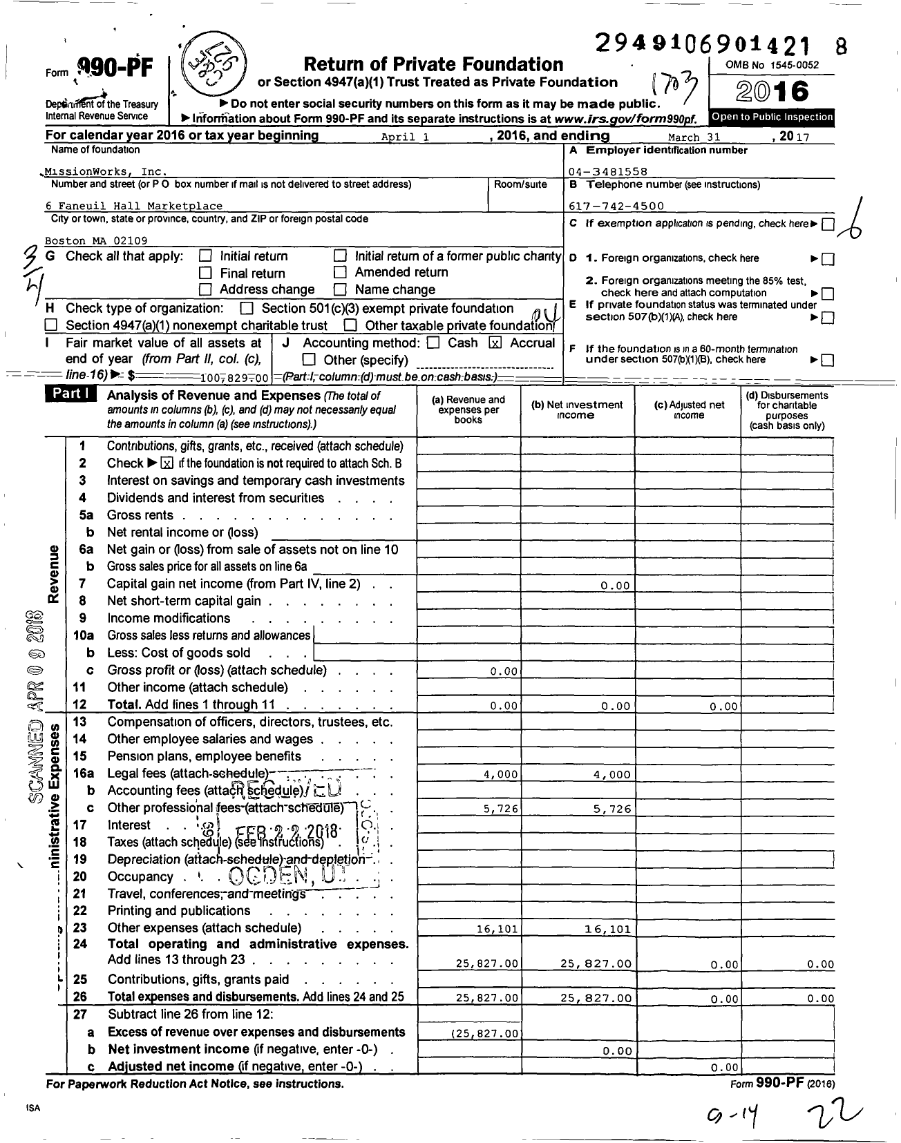 Image of first page of 2016 Form 990PF for Missionworks