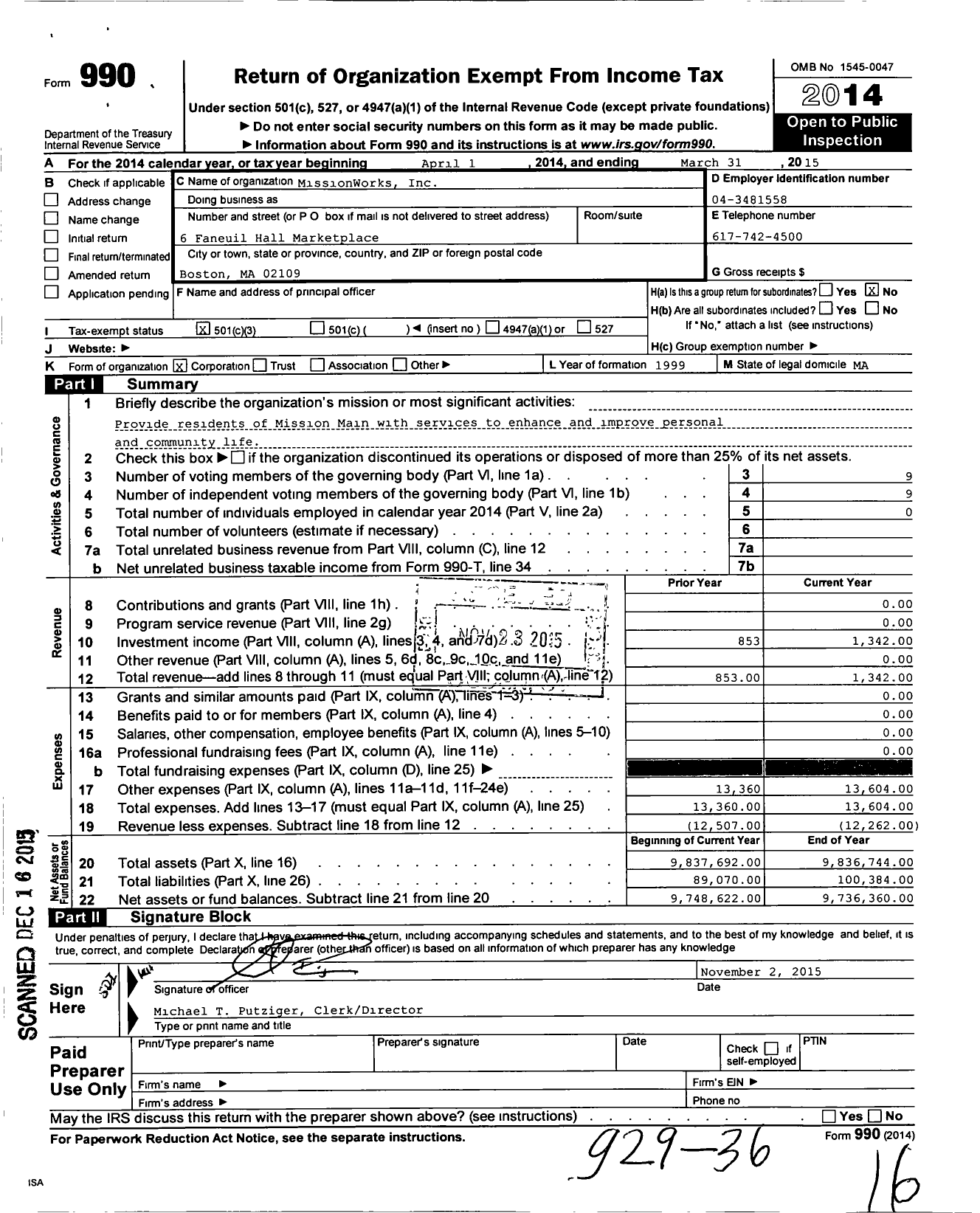 Image of first page of 2014 Form 990 for Missionworks