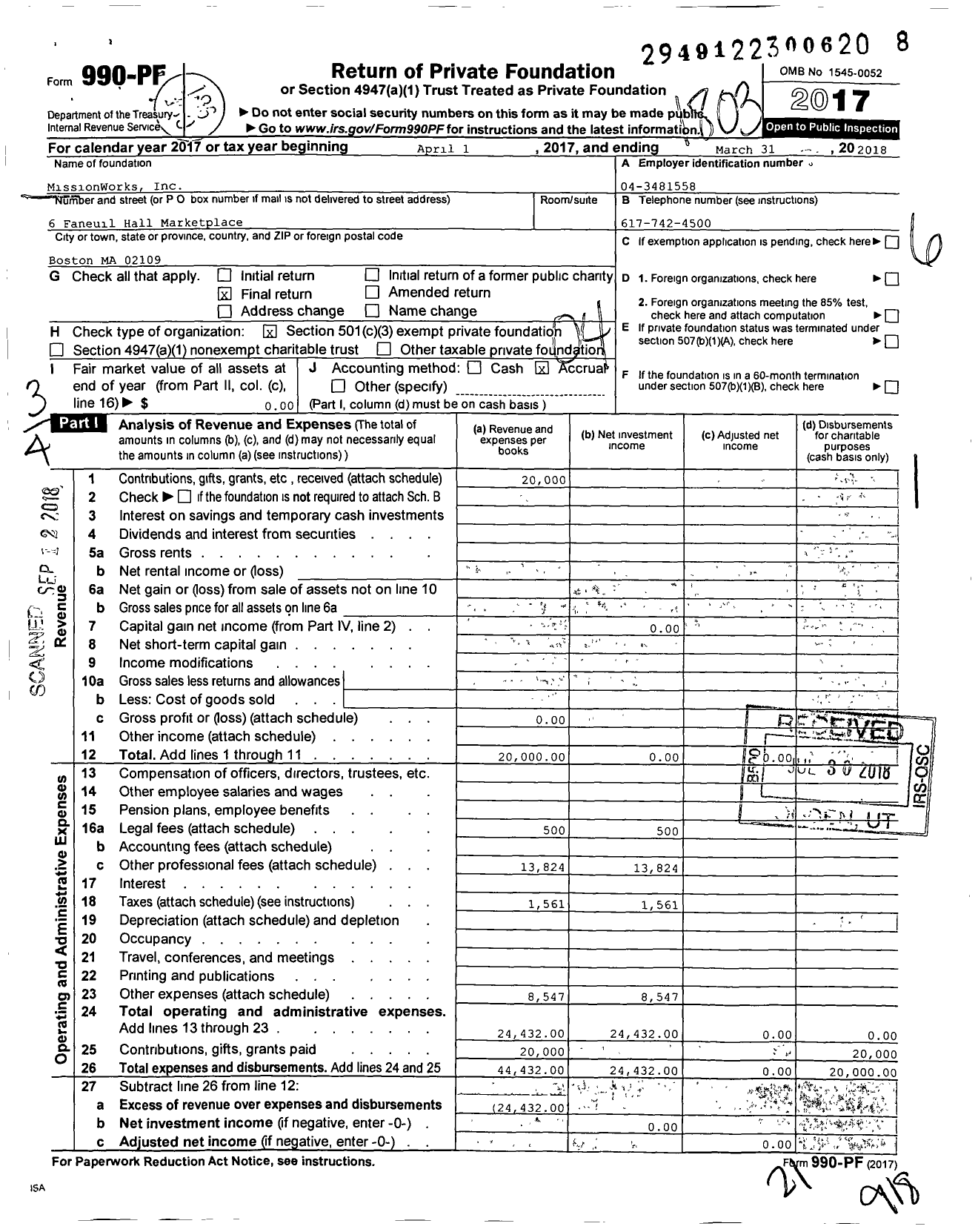 Image of first page of 2017 Form 990PF for Missionworks
