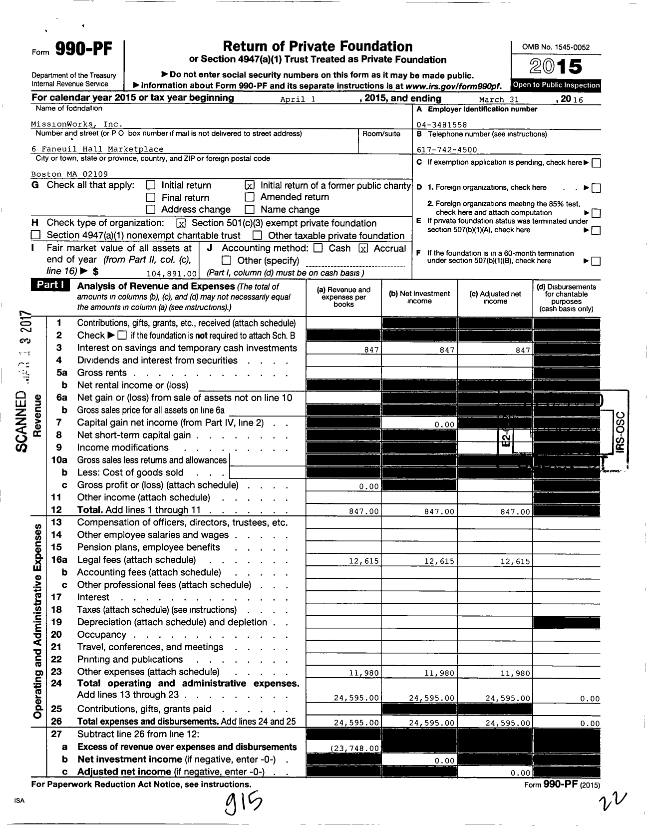 Image of first page of 2015 Form 990PF for Missionworks