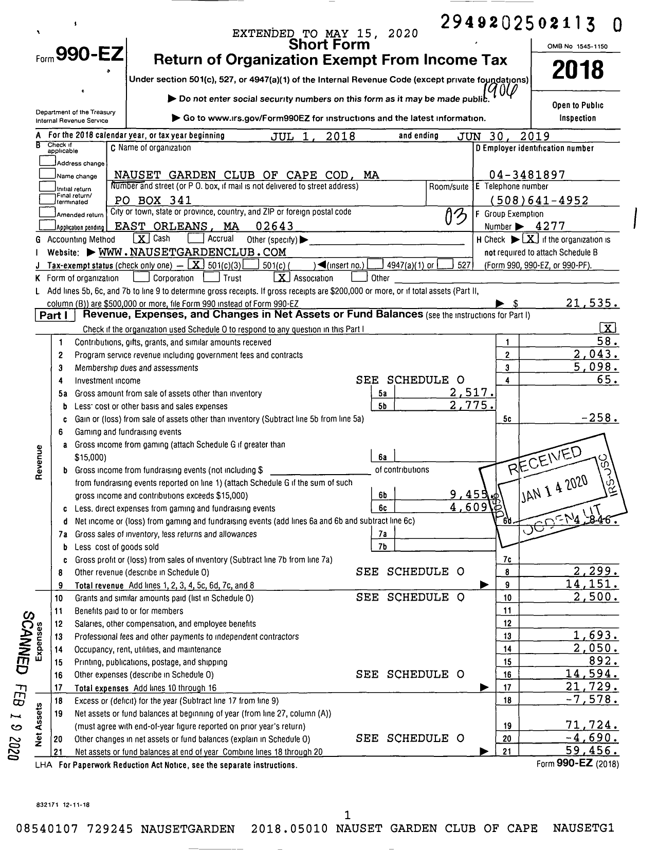 Image of first page of 2018 Form 990EZ for Nauset Garden Club of Cape Cod Ma