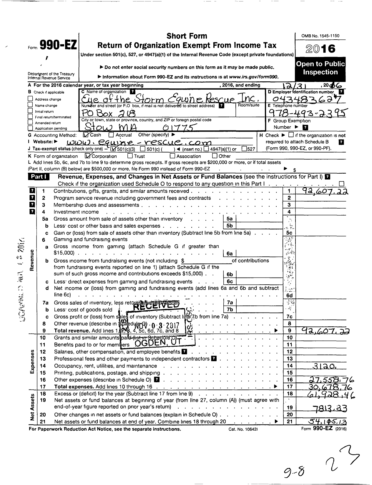 Image of first page of 2016 Form 990EZ for Eye of the Storm Equine Rescue