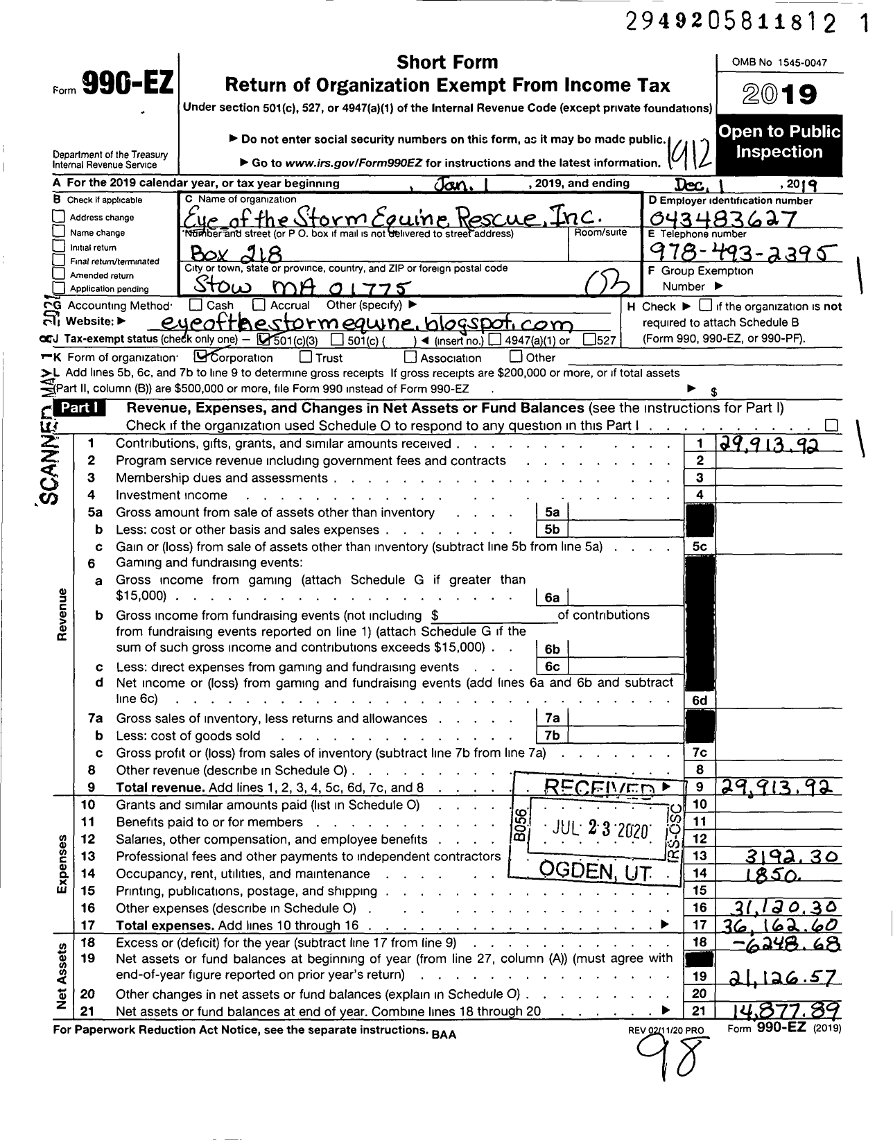 Image of first page of 2019 Form 990EZ for Eye of the Storm Equine Rescue