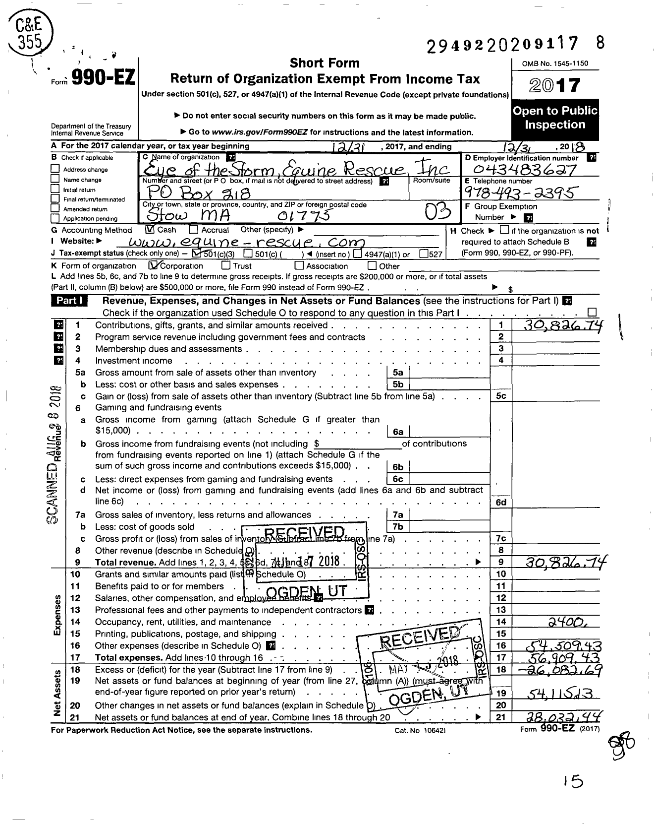 Image of first page of 2018 Form 990EZ for Eye of the Storm Equine Rescue