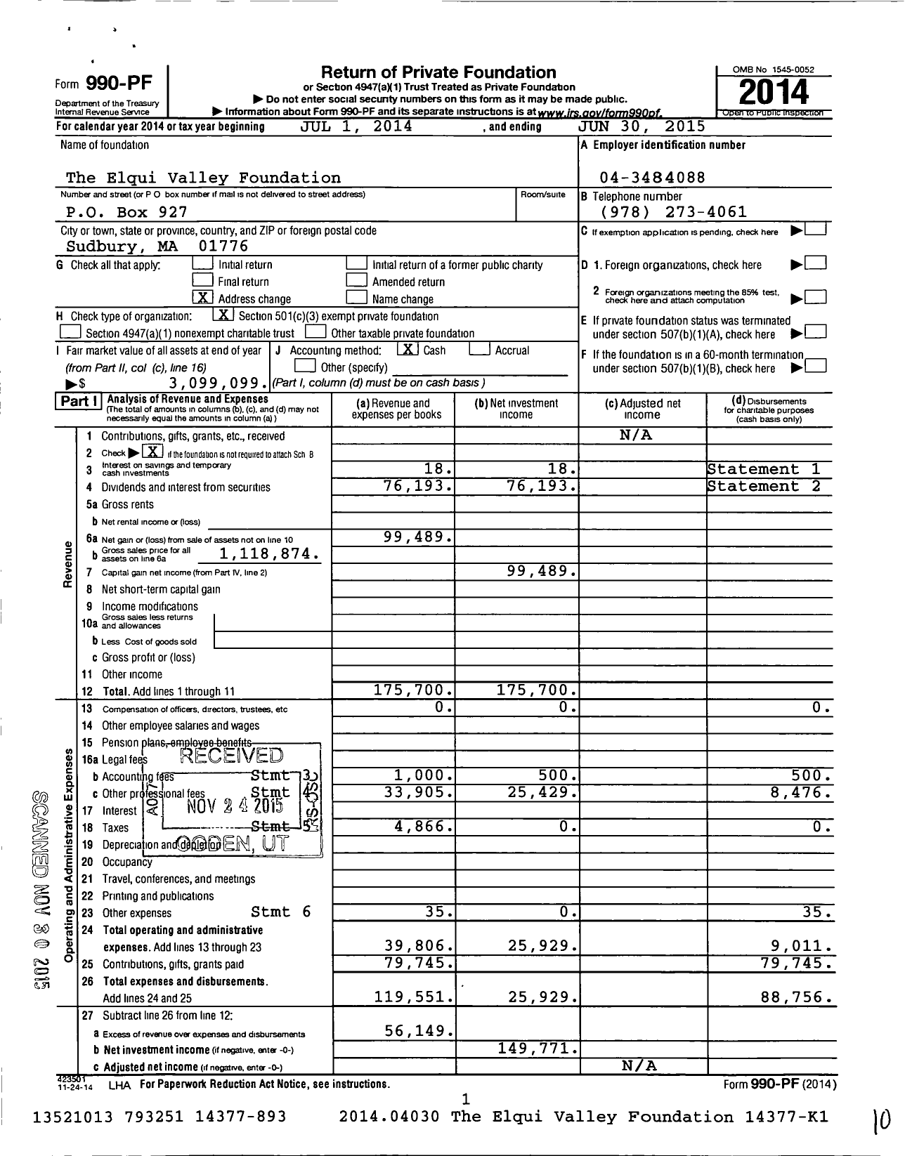 Image of first page of 2014 Form 990PF for The Elqui Valley Foundation