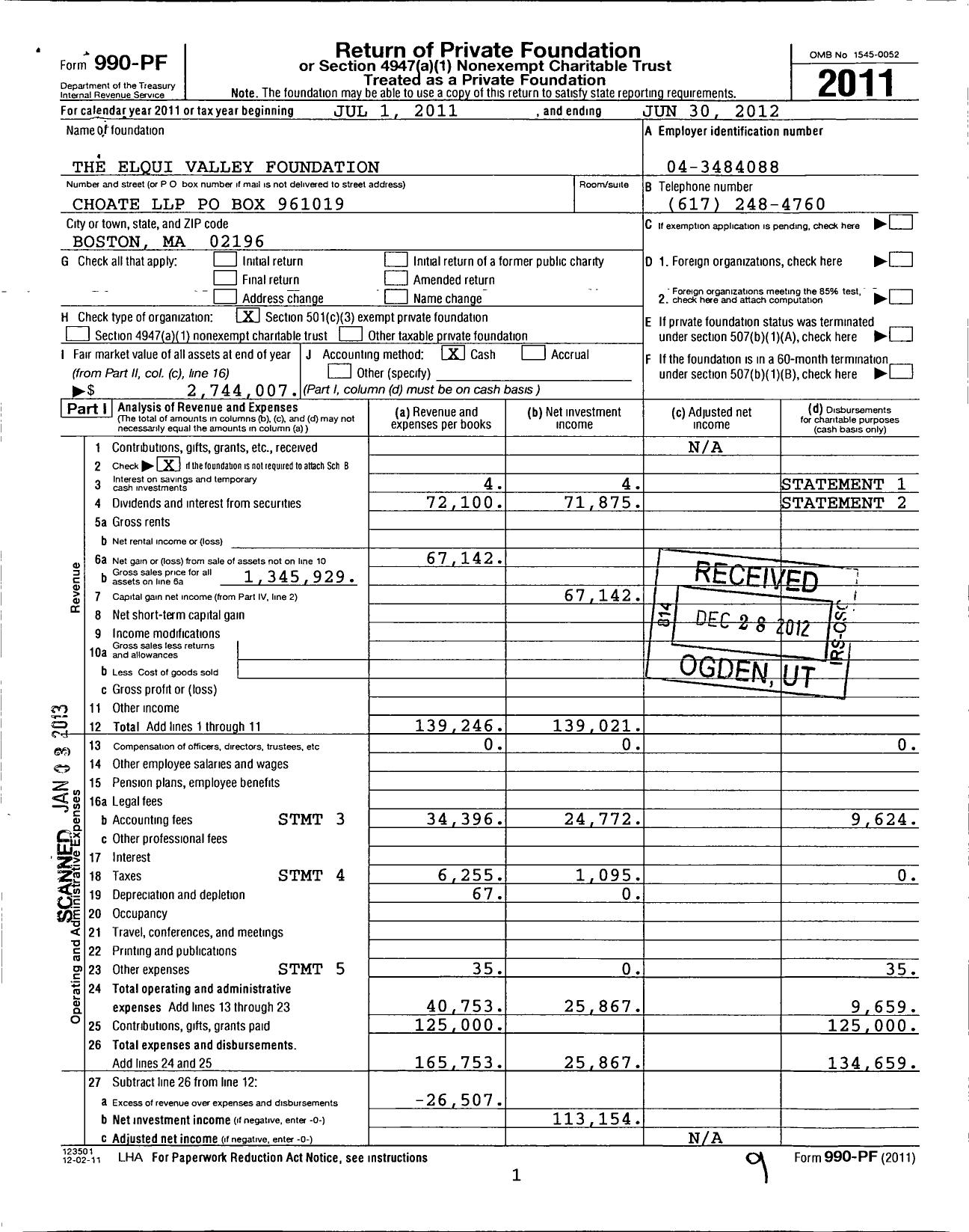 Image of first page of 2011 Form 990PF for The Elqui Valley Foundation