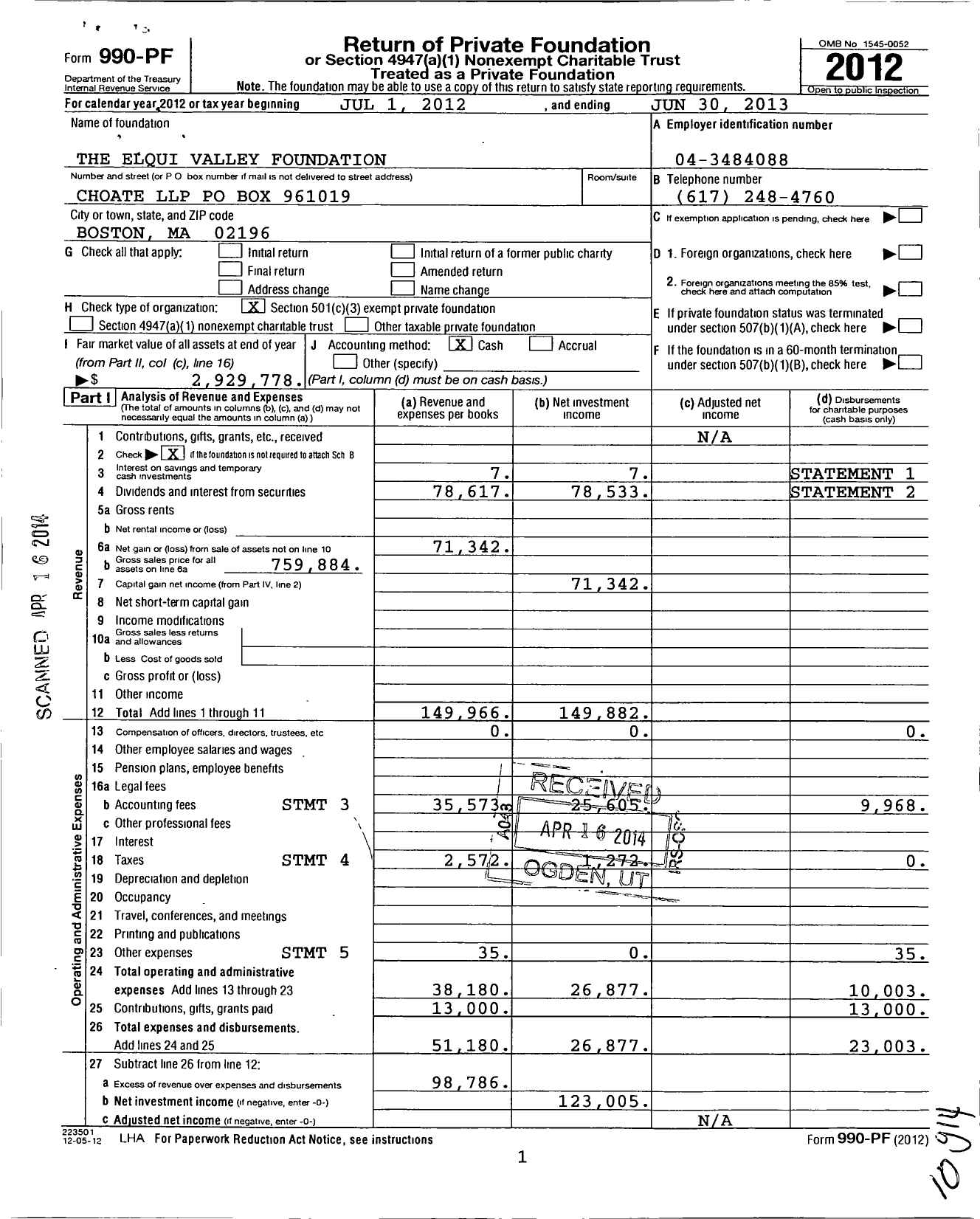 Image of first page of 2012 Form 990PF for The Elqui Valley Foundation
