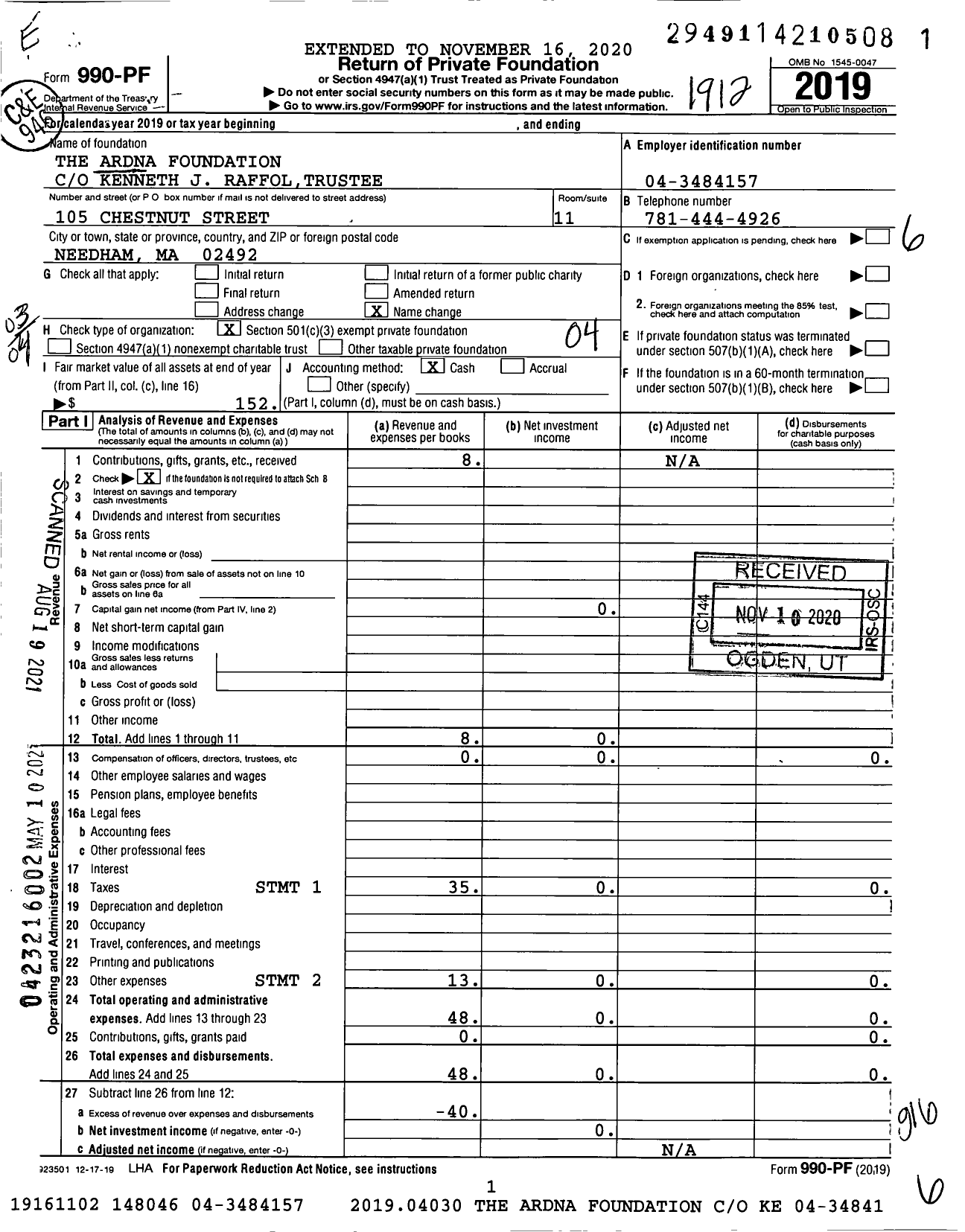 Image of first page of 2019 Form 990PF for The Ardna Foundation