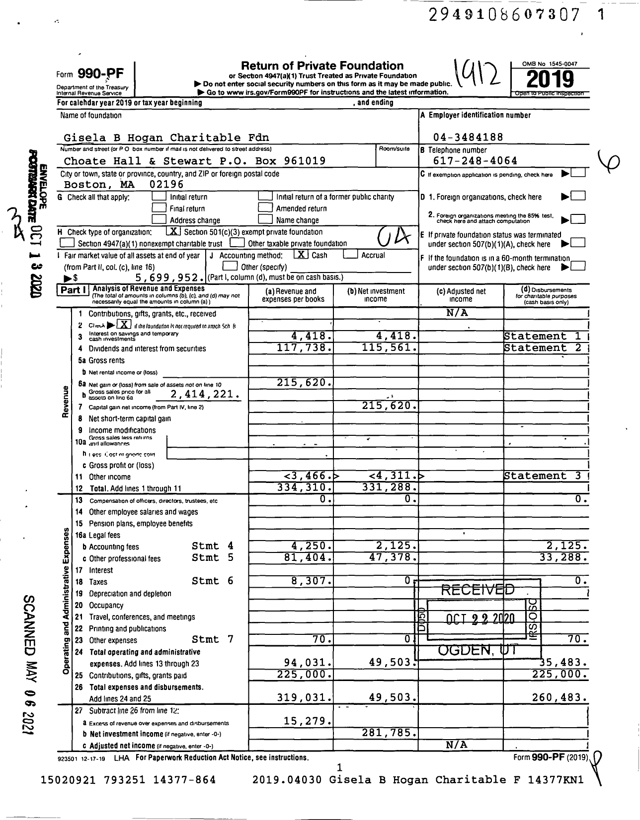 Image of first page of 2019 Form 990PF for Gisela B Hogan Charitable Fdn