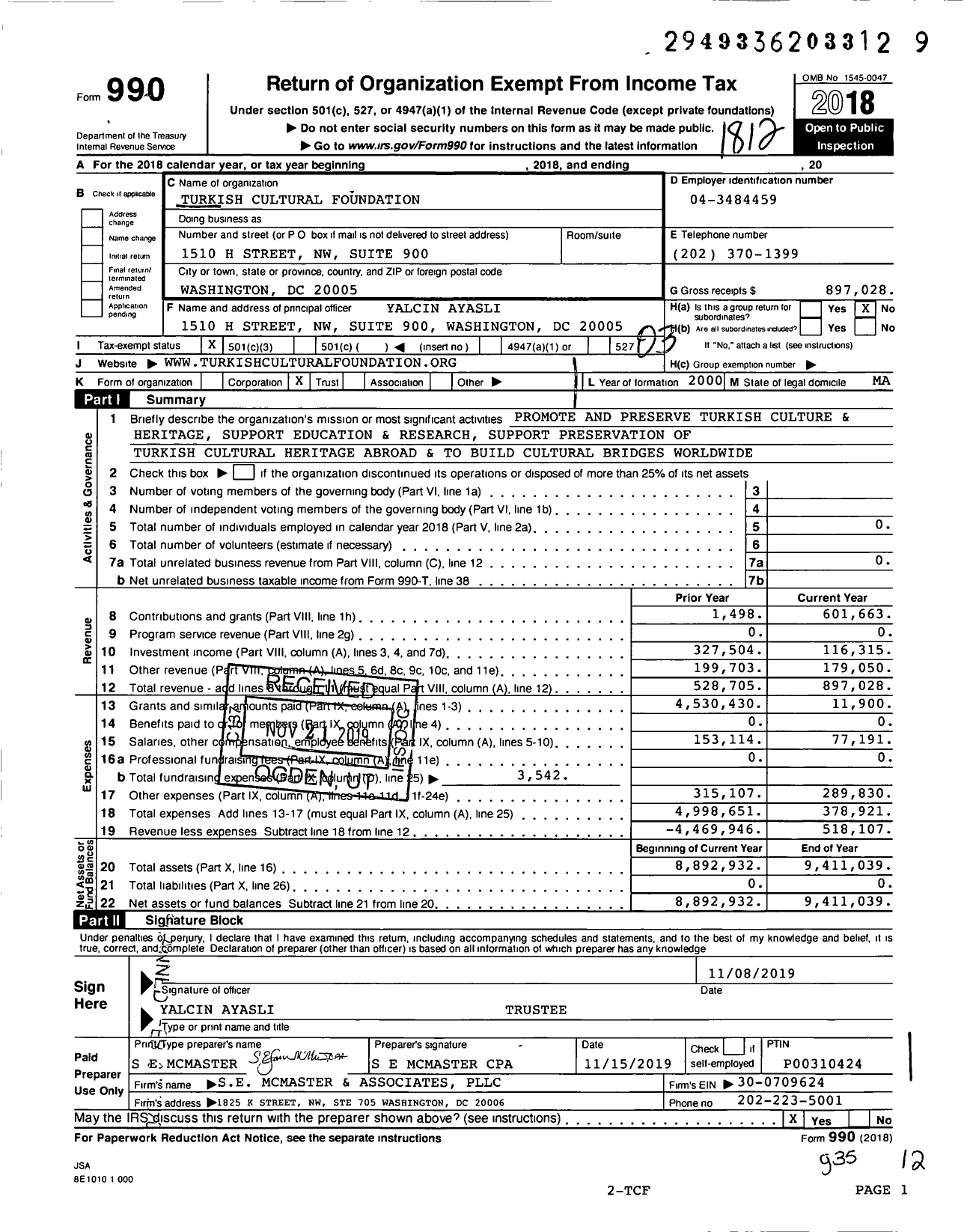 Image of first page of 2018 Form 990 for Turkish Cultural Foundation