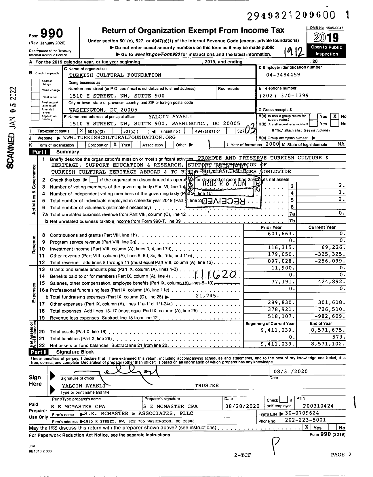 Image of first page of 2019 Form 990 for Turkish Cultural Foundation