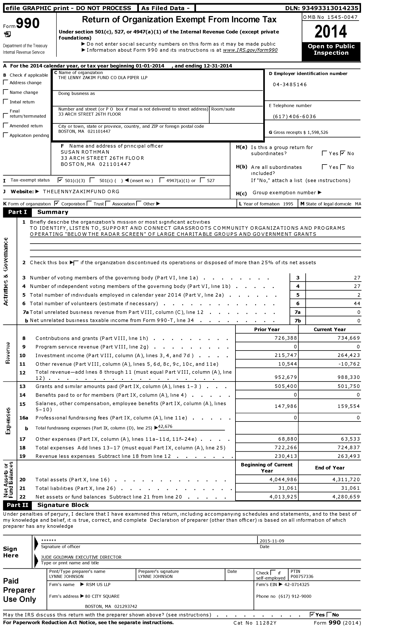 Image of first page of 2014 Form 990 for The Lenny Zakim Fund